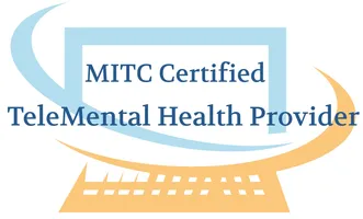 Logo of MITC Certified TeleMental Health Provider, featuring a computer monitor and stylized swooping arrow.