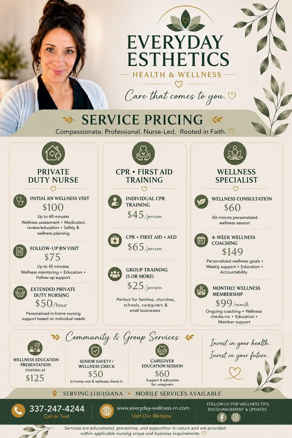 A service menu for Everyday Esthetics Health & Wellness featuring the owner, a woman with dark hair, smiling. The menu includes private duty nurse, CPR and first aid training, and wellness specialist services, with pricing details. The design incorporates green leaves and gold accents, with contact and website information at the bottom.