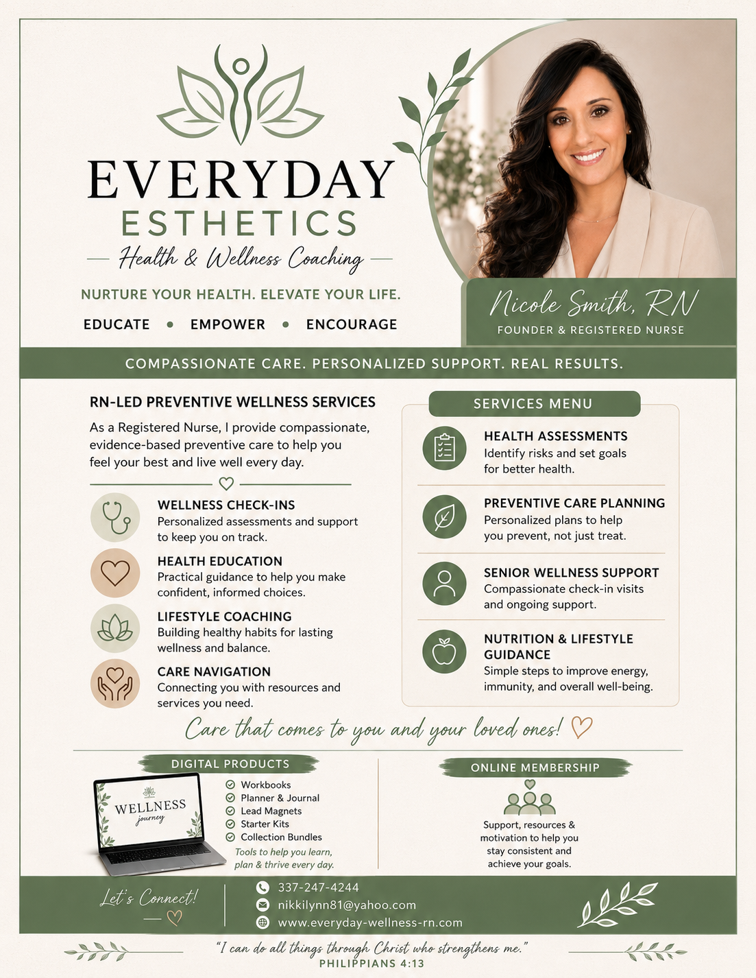 A flyer for Everyday Esthetics Health & Wellness Coaching featuring a smiling woman, Nicole Smith, a registered nurse. It includes services such as health assessments, preventive care planning, senior wellness support, and nutrition guidance, along with digital products and online membership information.