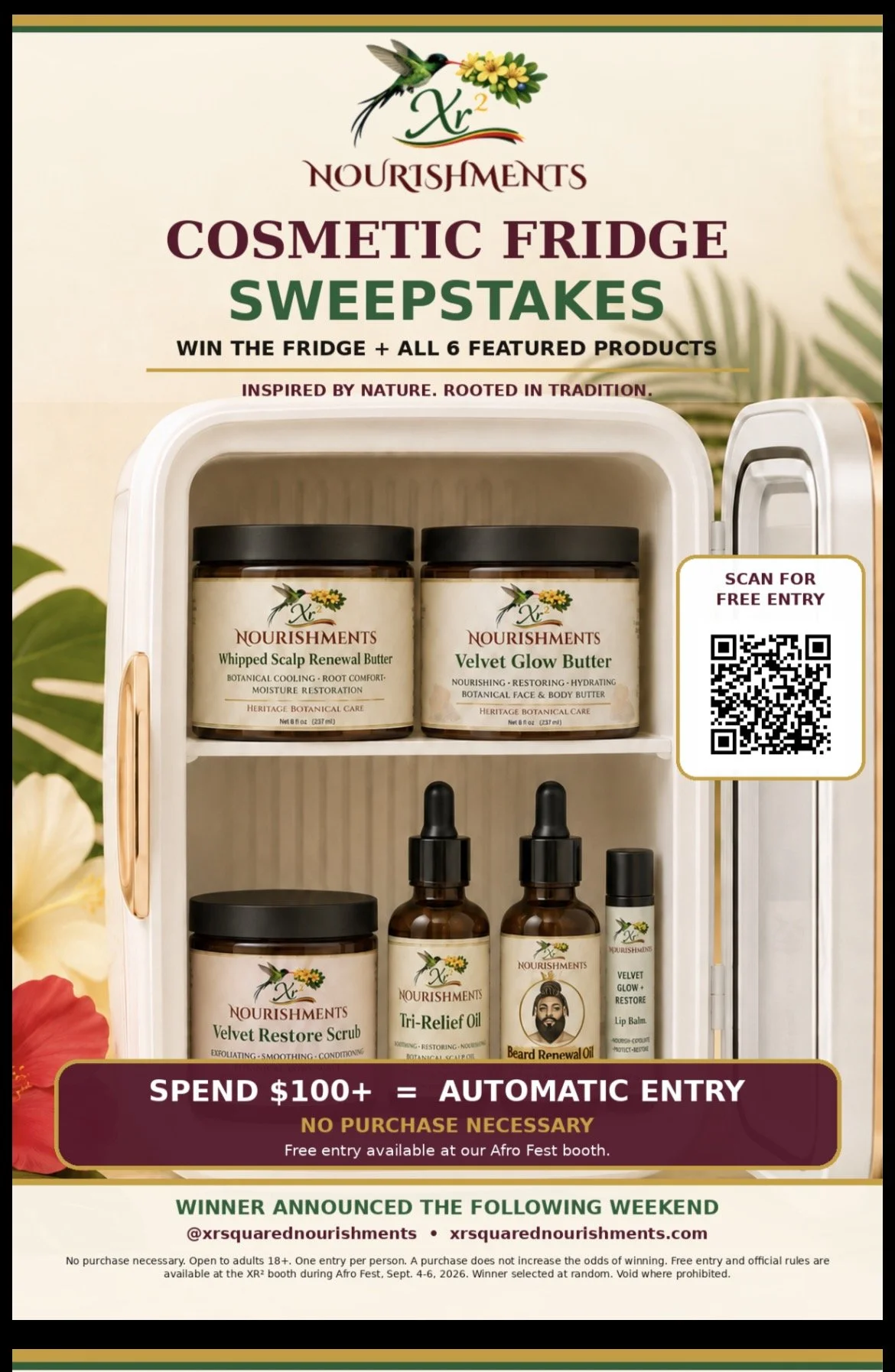 XR² Nourishments cosmetic refrigerator sweepstakes featuring six botanical skin, scalp, beard and body care products