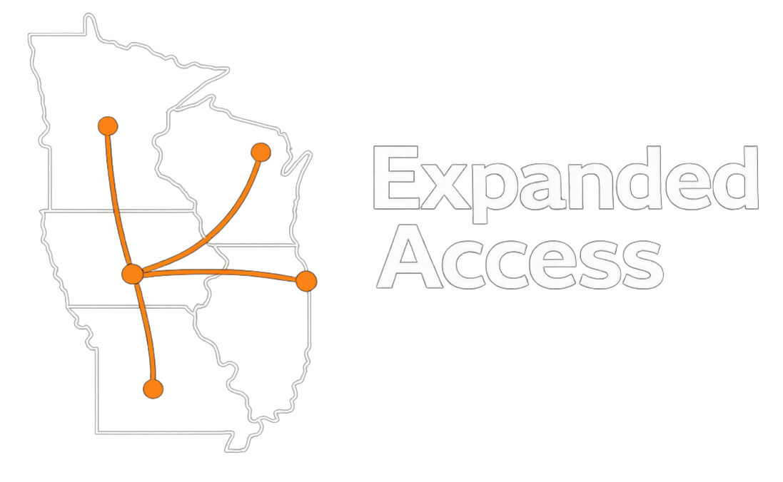 A map outline of Illinois with five orange nodes connected by curved lines, alongside the text 'Expanded Access' in bold white letters on a black background.