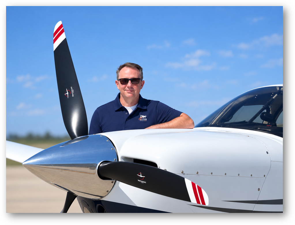 Man in sunglasses leaning on a white aircraft with black propellers, clear blue sky in the background.