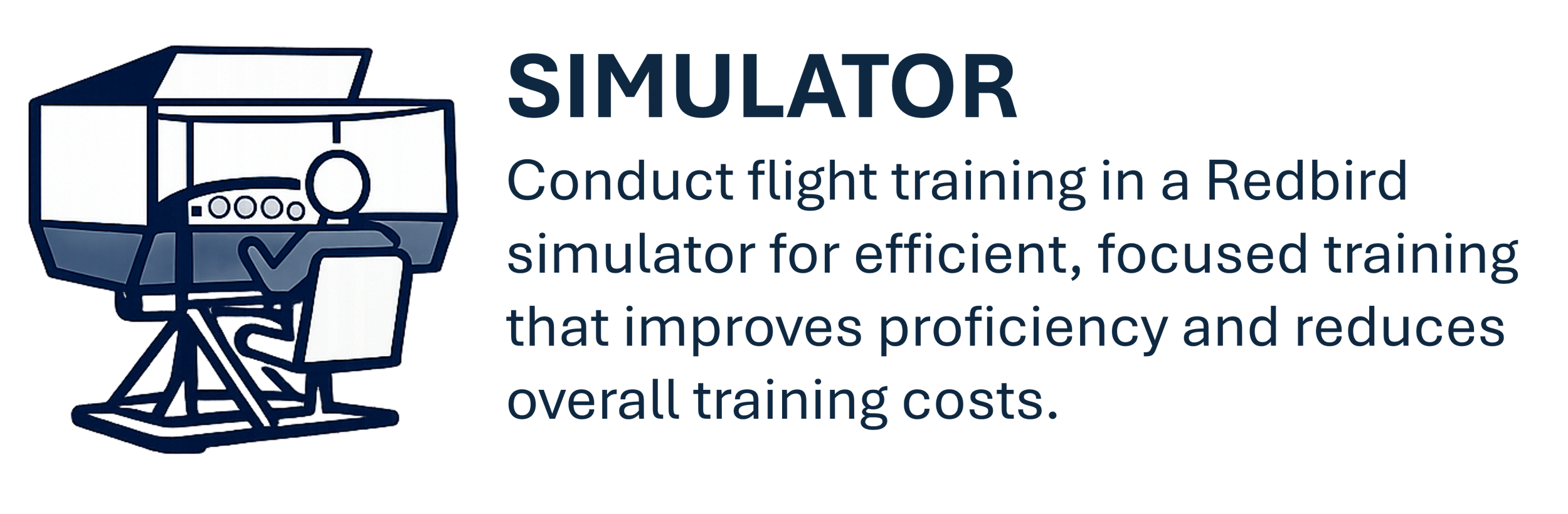 Illustration of a pilot flying a Redbird flight simulator with overlaid text describing it as a flight simulation training device for proficiency and cost reduction.