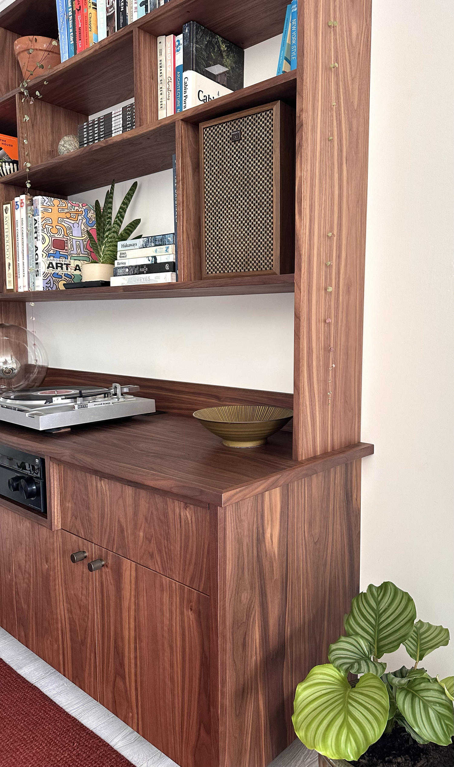 Walnut Sideboard and Bookshelf with soft-close drawers, concealed runners and moulded walnut handles / Whangamatā, 2025.