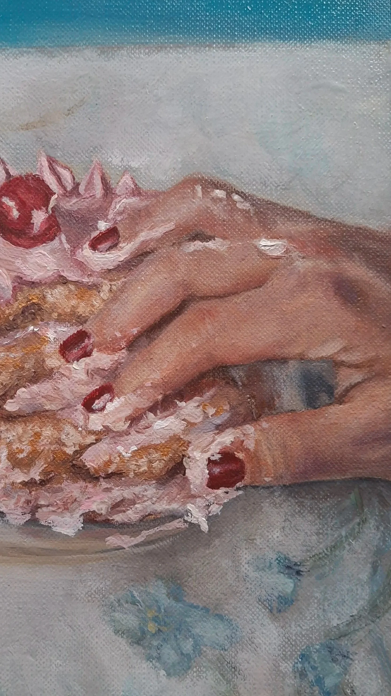 Cropped image of painting depicting a hand grabbing a cake