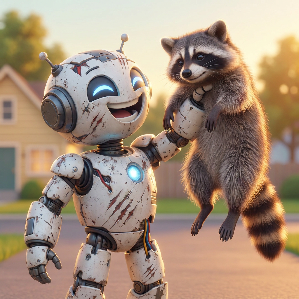 A smiling, scratched white robot holds a raccoon in a sunlit neighborhood.