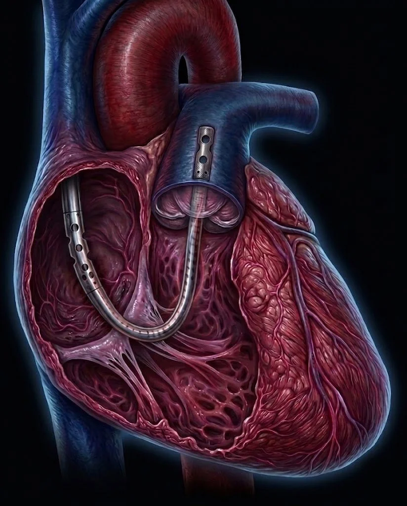 Medical illustration of a heart and an assist device.