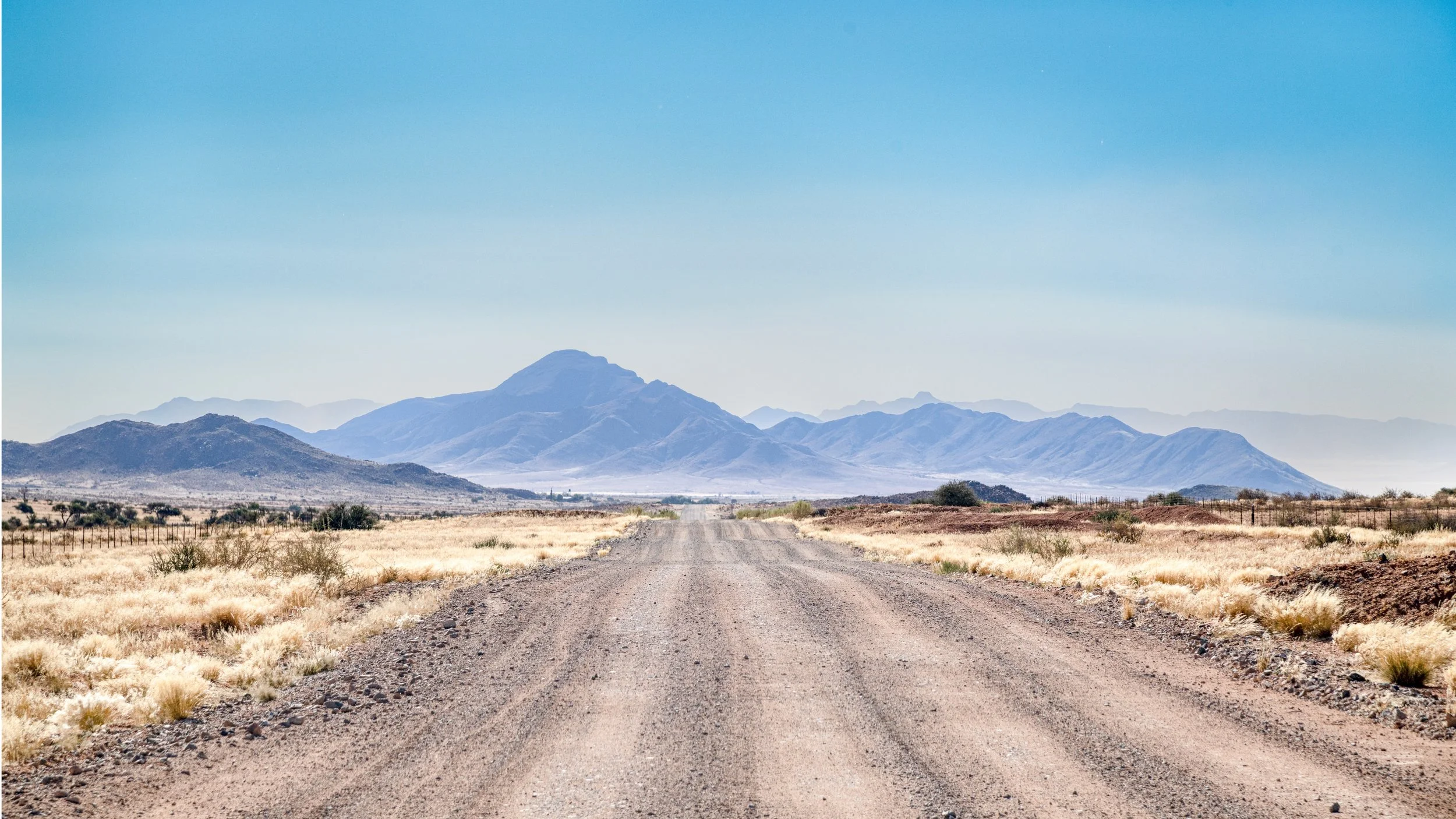 A dirt road runs through a desert landscape with dry grass and sparse shrubs, leading towards distant mountains under a clear, blue sky.