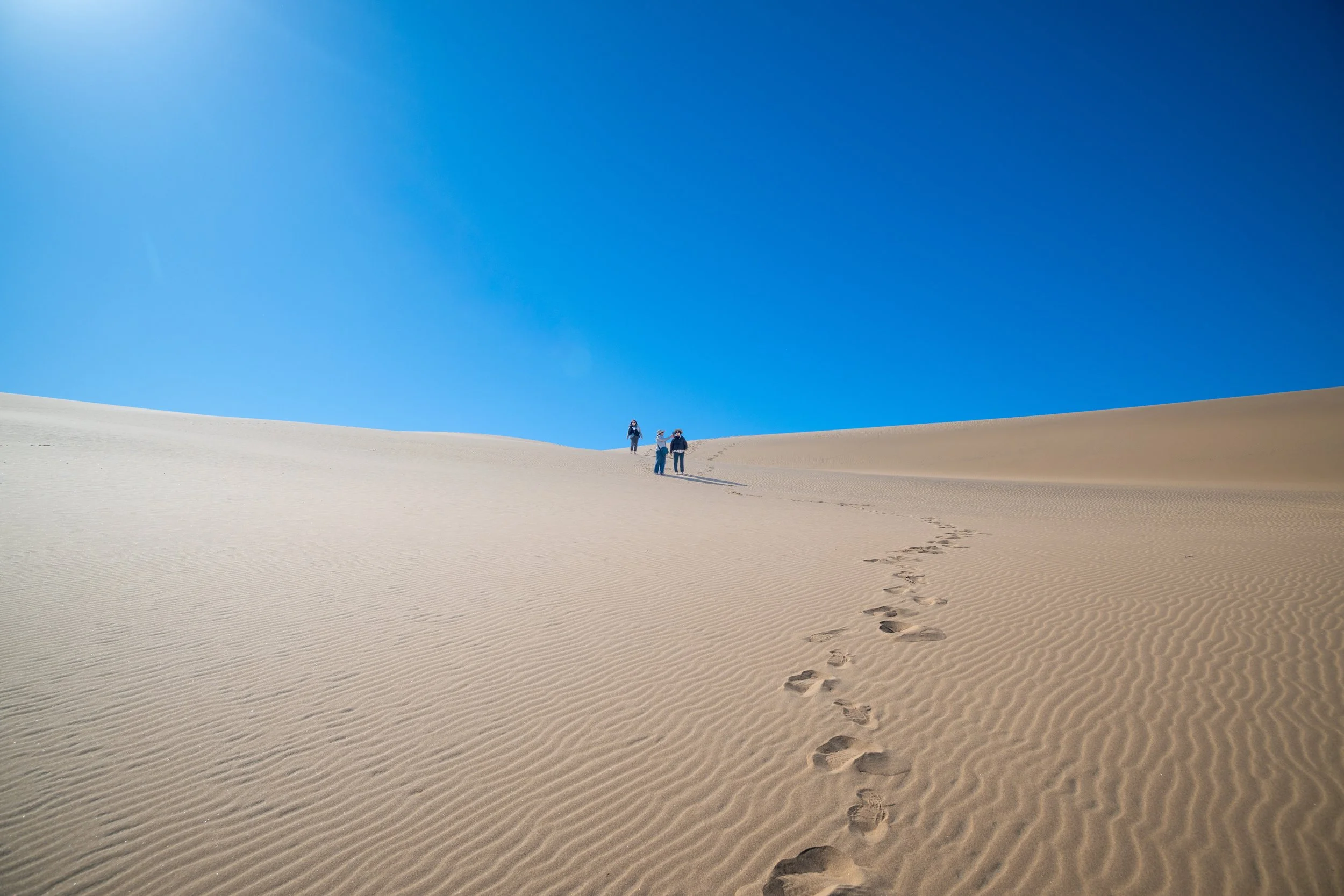 Three people walking across sand dunes under a blue sky, leaving footprints behind.