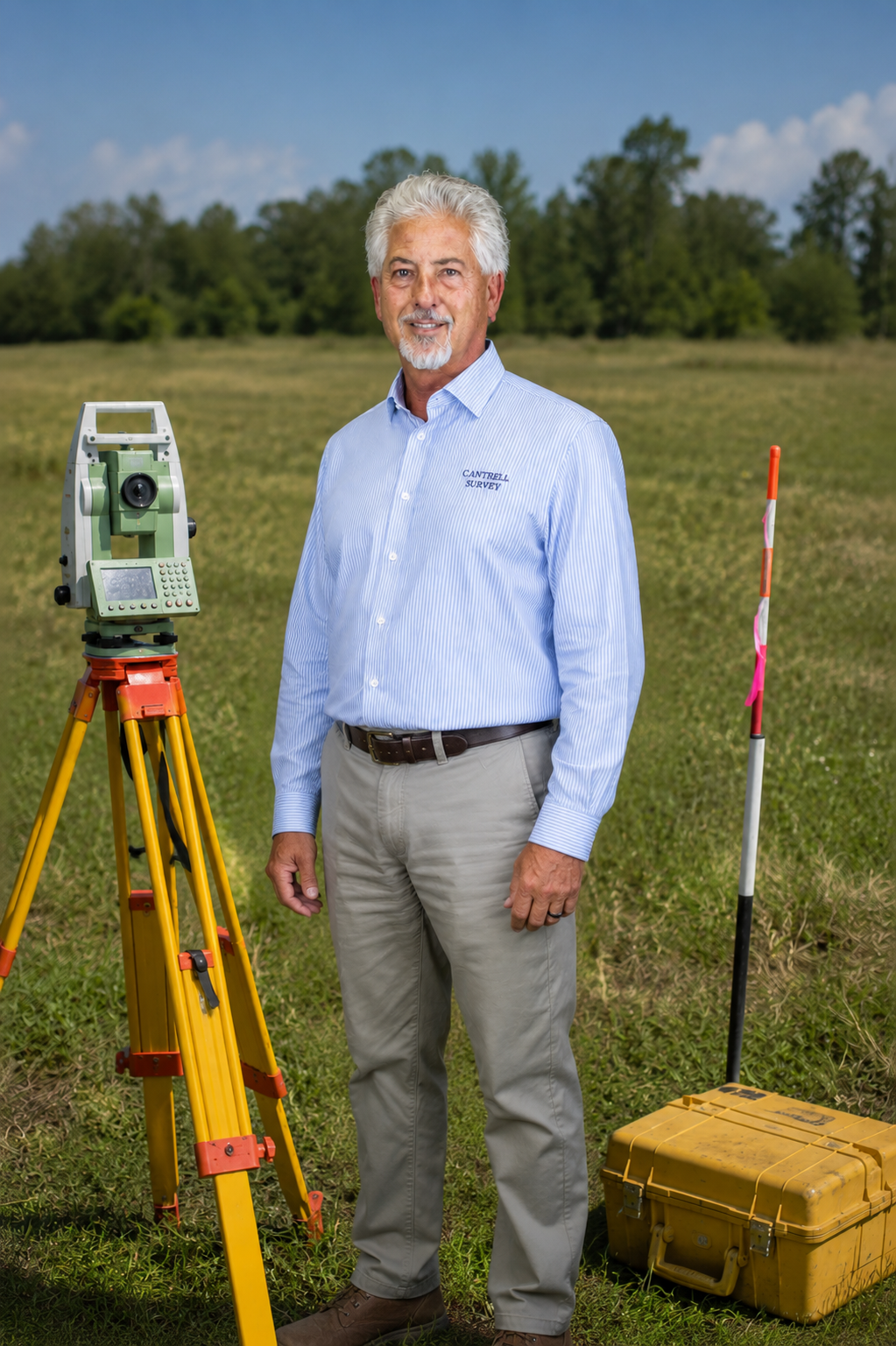 A man with white hair and a beard standing outdoors in a field, dressed in a blue striped shirt with 'CANTRELL SURVEY' embroidered on it, next to surveying equipment including a total station on a tripod, a survey pole, and a yellow equipment box.