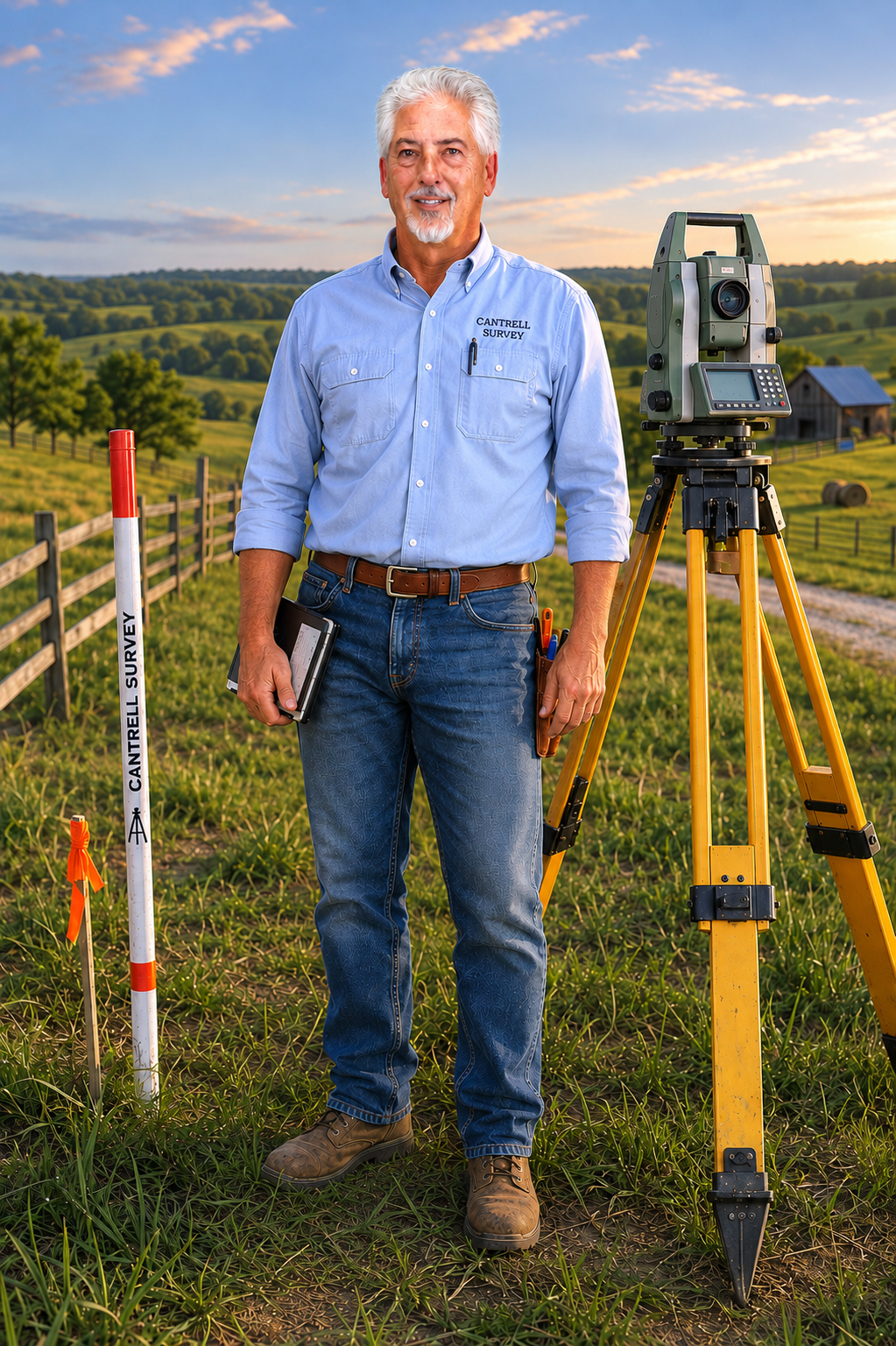 A surveyor standing outdoors in a rural landscape during sunset, wearing a light blue shirt with 'CANTRELL SURVEY' embroidered on it, holding a tablet, with surveying equipment including a total station on a tripod and a leveling rod nearby.