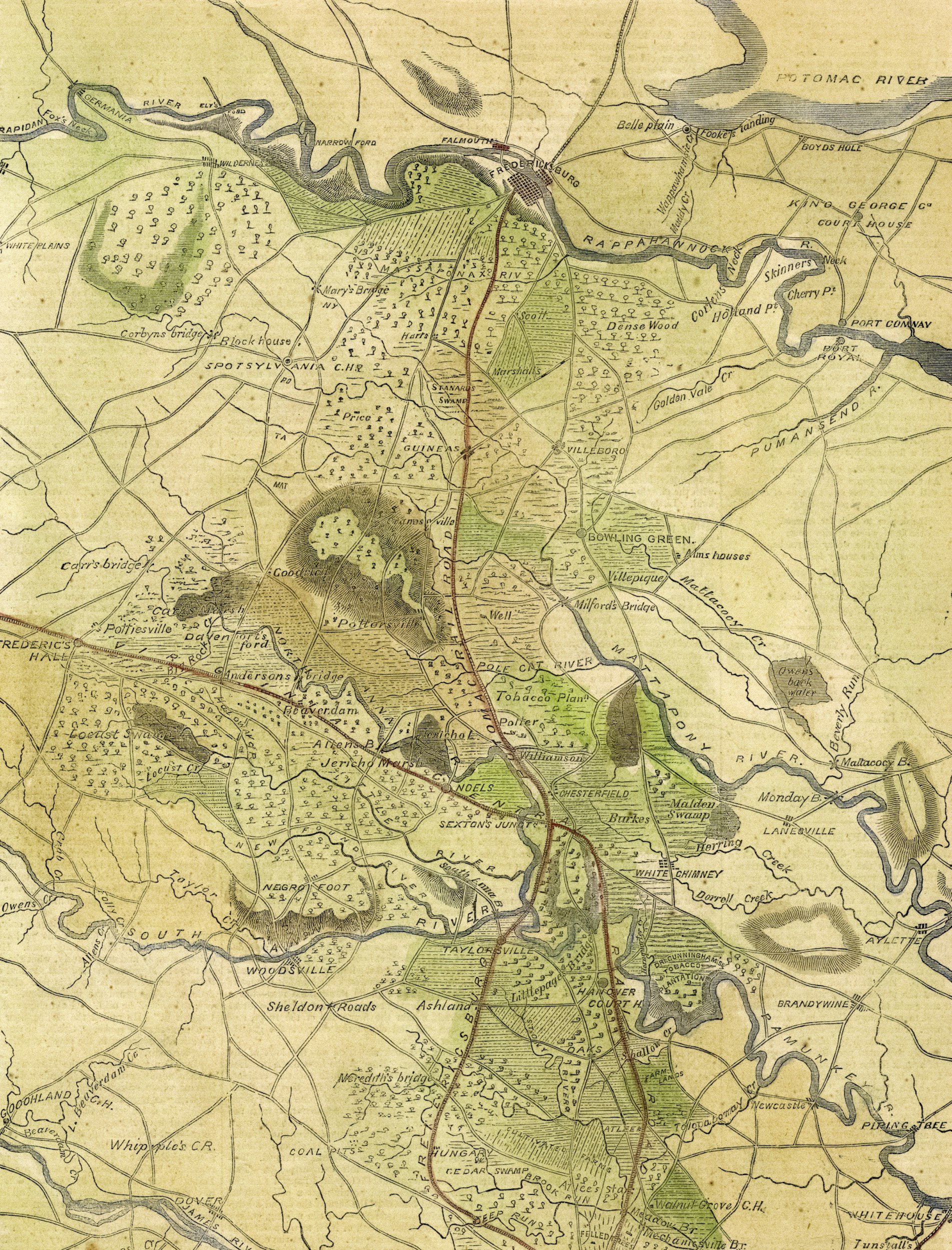 A historical map showing a detailed area with rivers, roads, bridges, and various land features in a vintage style.