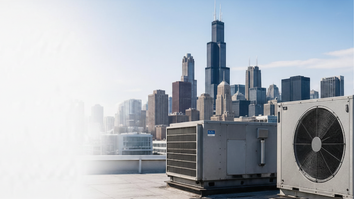 Commercial HVAC rooftop unit with Chicago skyline