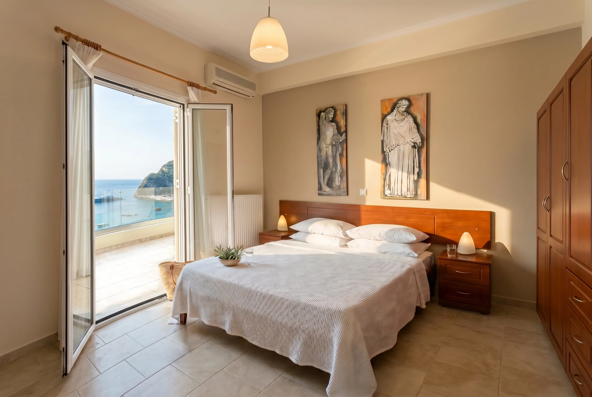 Sea view bedroom with a private balcony overlooking the Ionian Sea at Platakia Blu in Paleokastritsa, Corfu.