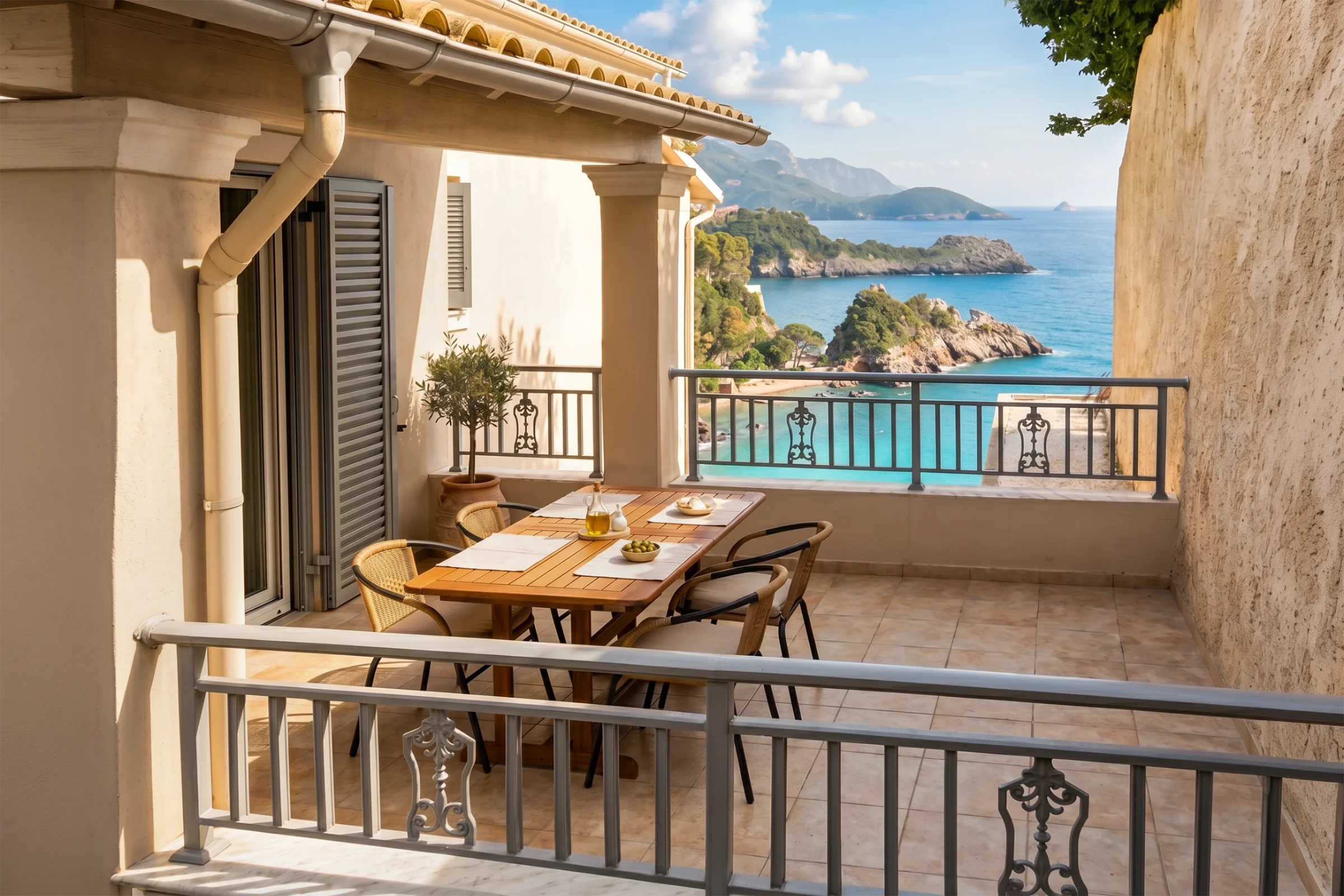 Private balcony with panoramic Ionian Sea views, outdoor dining, and sunset scenery at Platakia Blu in Paleokastritsa, Corfu.