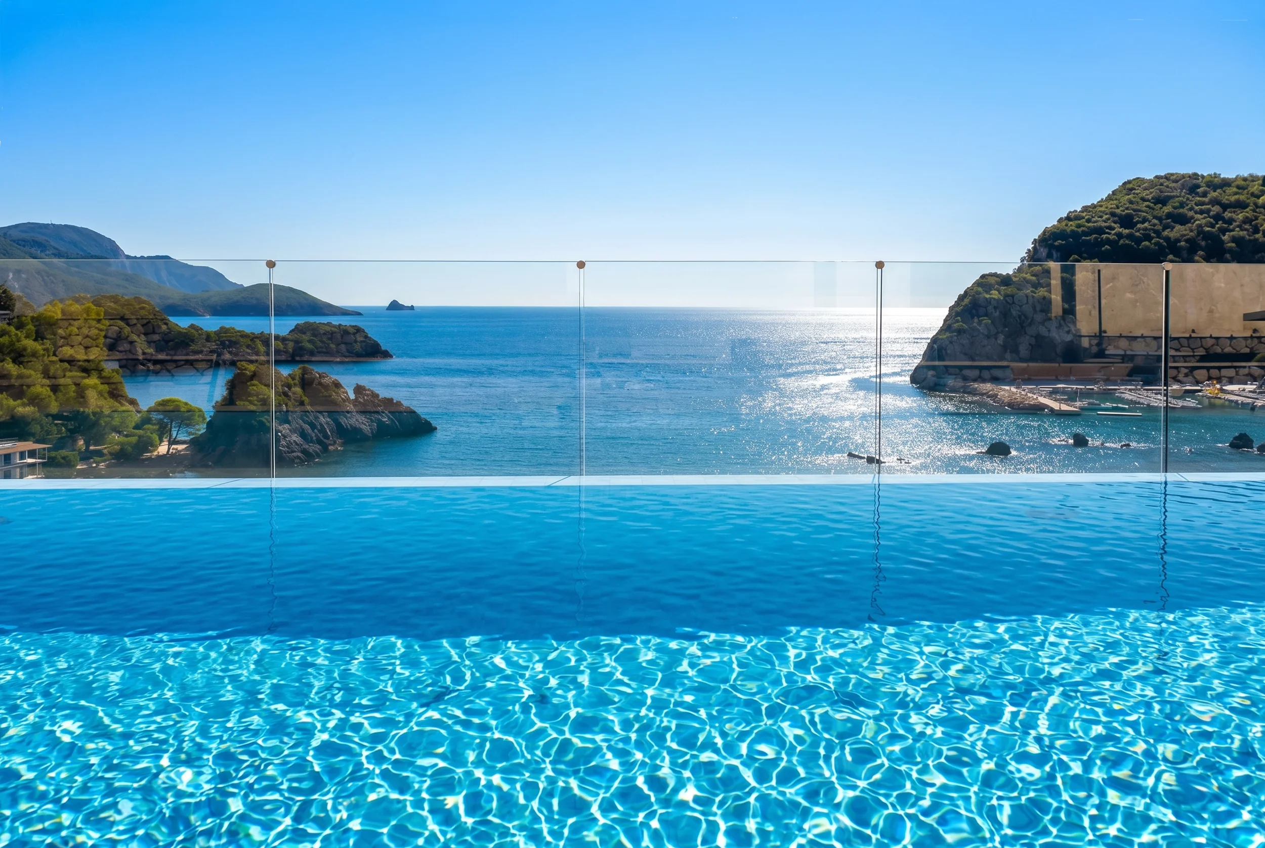 Swimming pool overlooking the Ionian Sea at Platakia Blu in Paleokastritsa, Corfu.