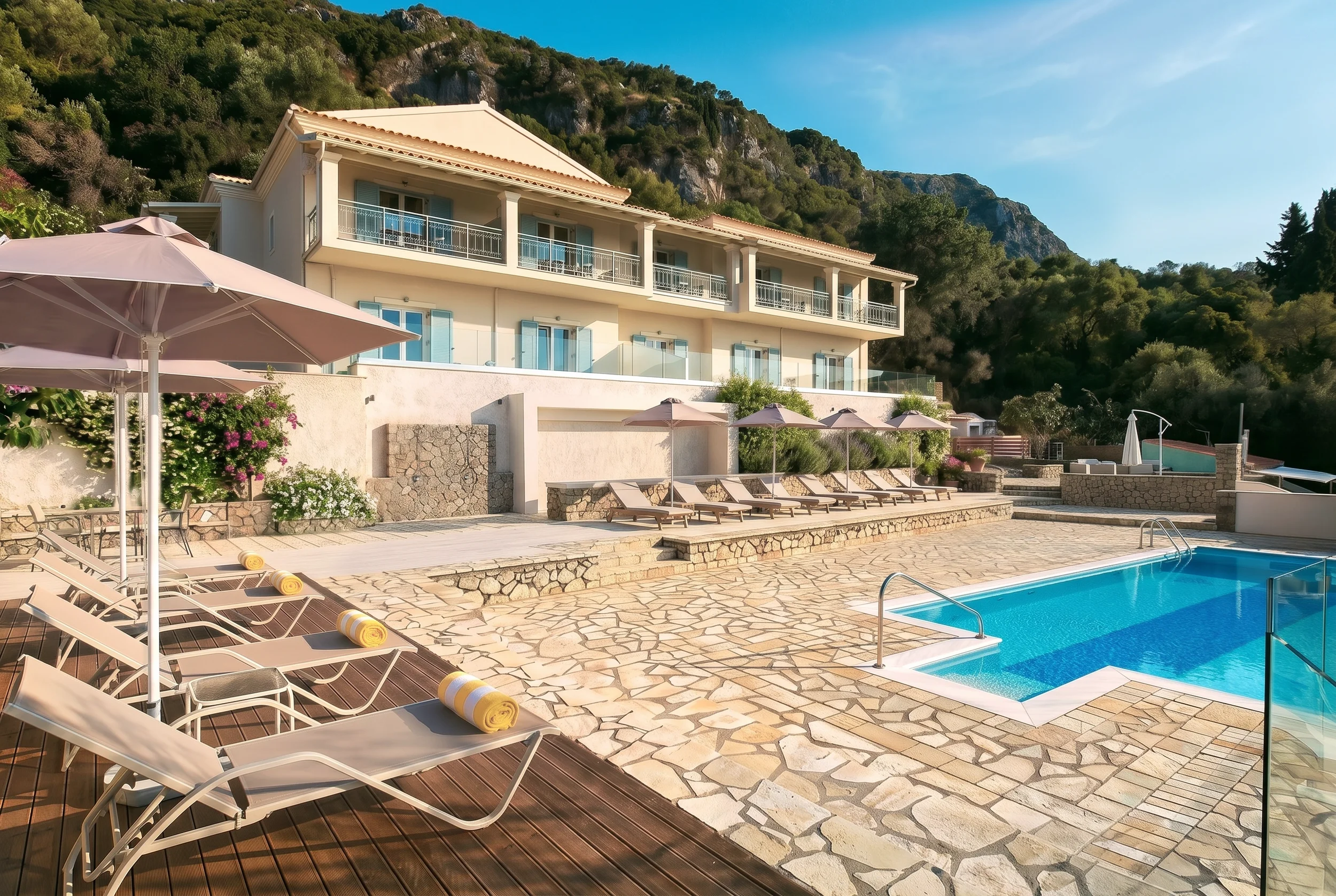 Exterior of Platakia Blu with oceanfront apartments, swimming pool, and panoramic sea views in Paleokastritsa, Corfu.