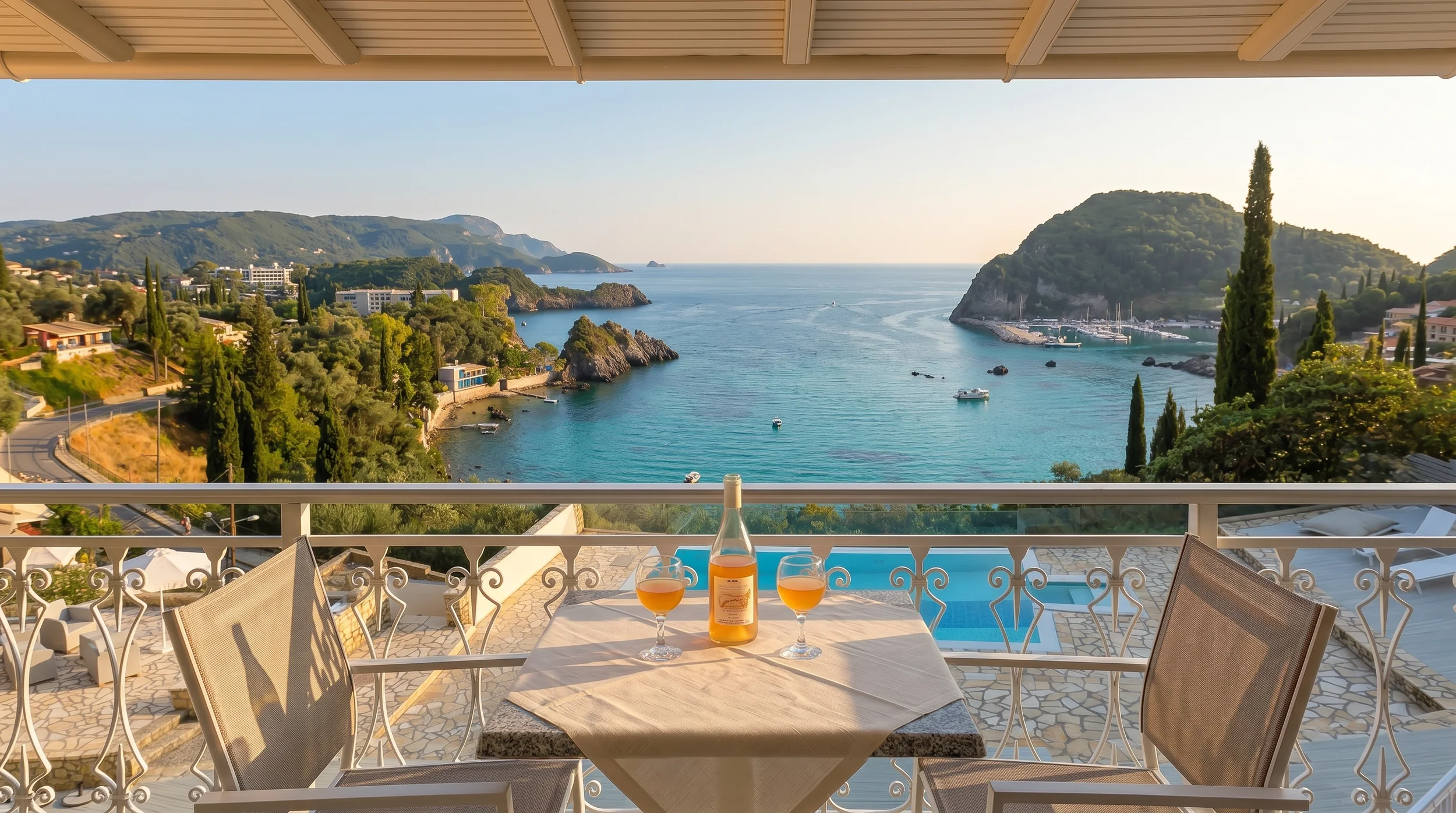 Private balcony with panoramic sea views at Platakia Blu in Paleokastritsa, Corfu.