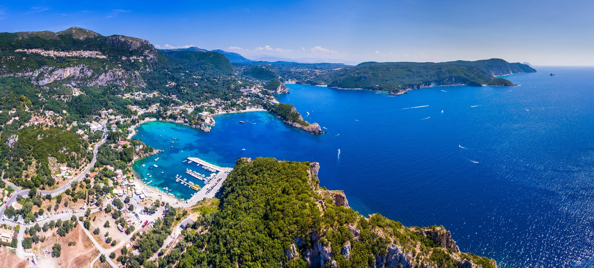 Aerial view of Paleokastritsa Bay on the west coast of Corfu, Greece.