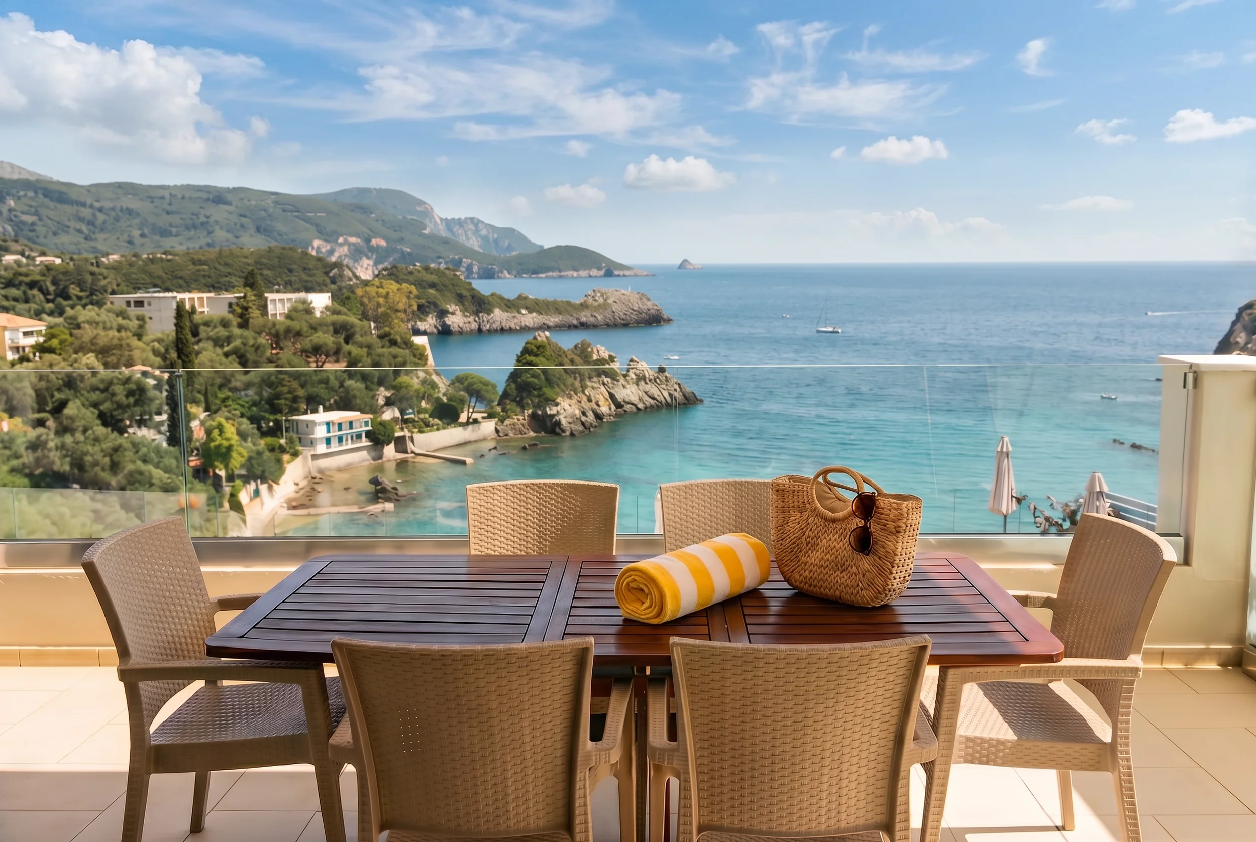 Private sea view balcony with outdoor dining overlooking Paleokastritsa Bay at Platakia Blu, Corfu.