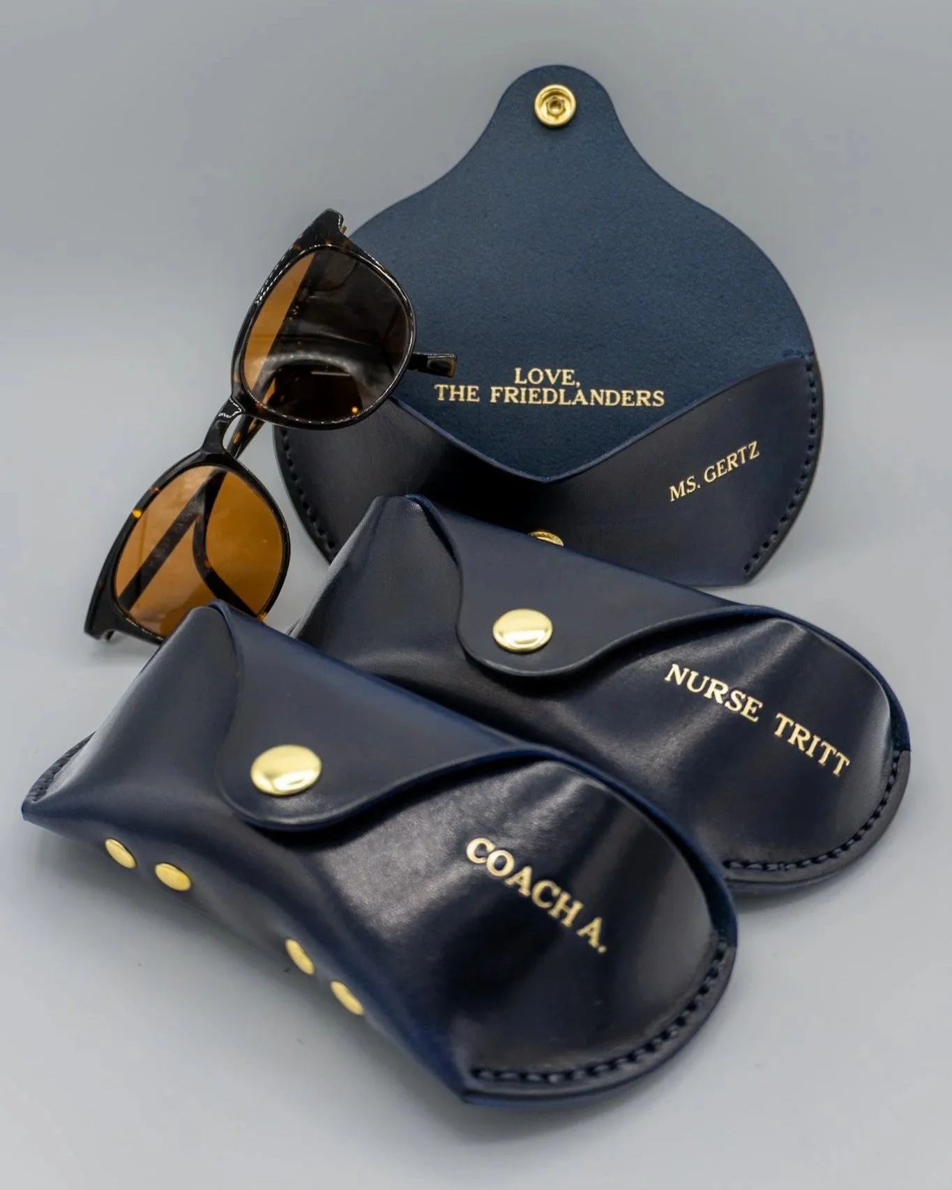 Custom handmade leather glasses case. Customized for thank you gifts. 
