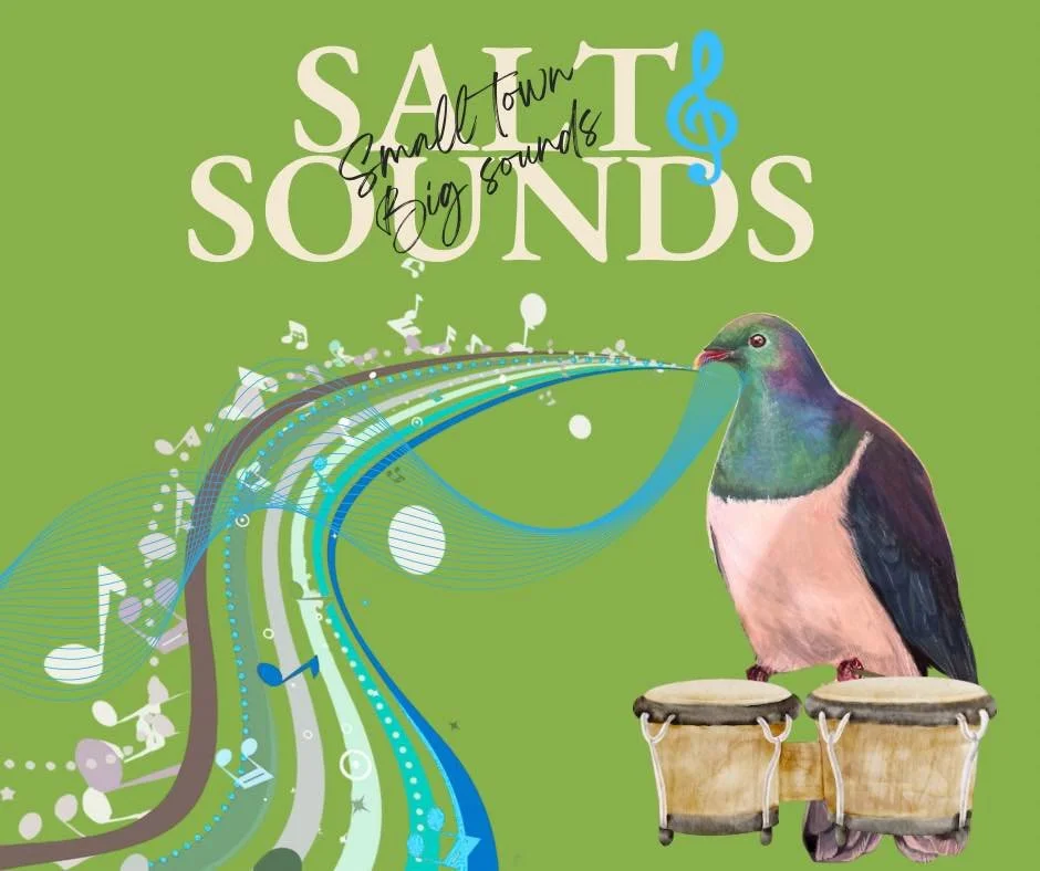 A cover illustration for a book titled 'Small Town Big Sounds' featuring a bird with a human-like body playing drums, musical notes and colorful swirling lines in the background, set on a green backdrop.
