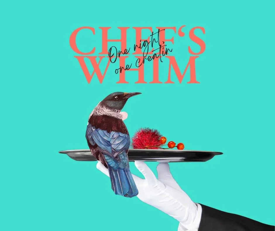 A hand in a white glove holding a silver tray with a bird perched on it, a red fluffy object, and red berries, with text reading 'Chloe's Whim' and 'One night, one dream in' on a bright teal background.