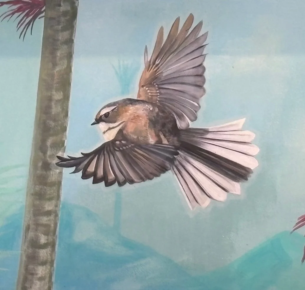 Painting of a bird in flight near a tree trunk with a blue sky background.