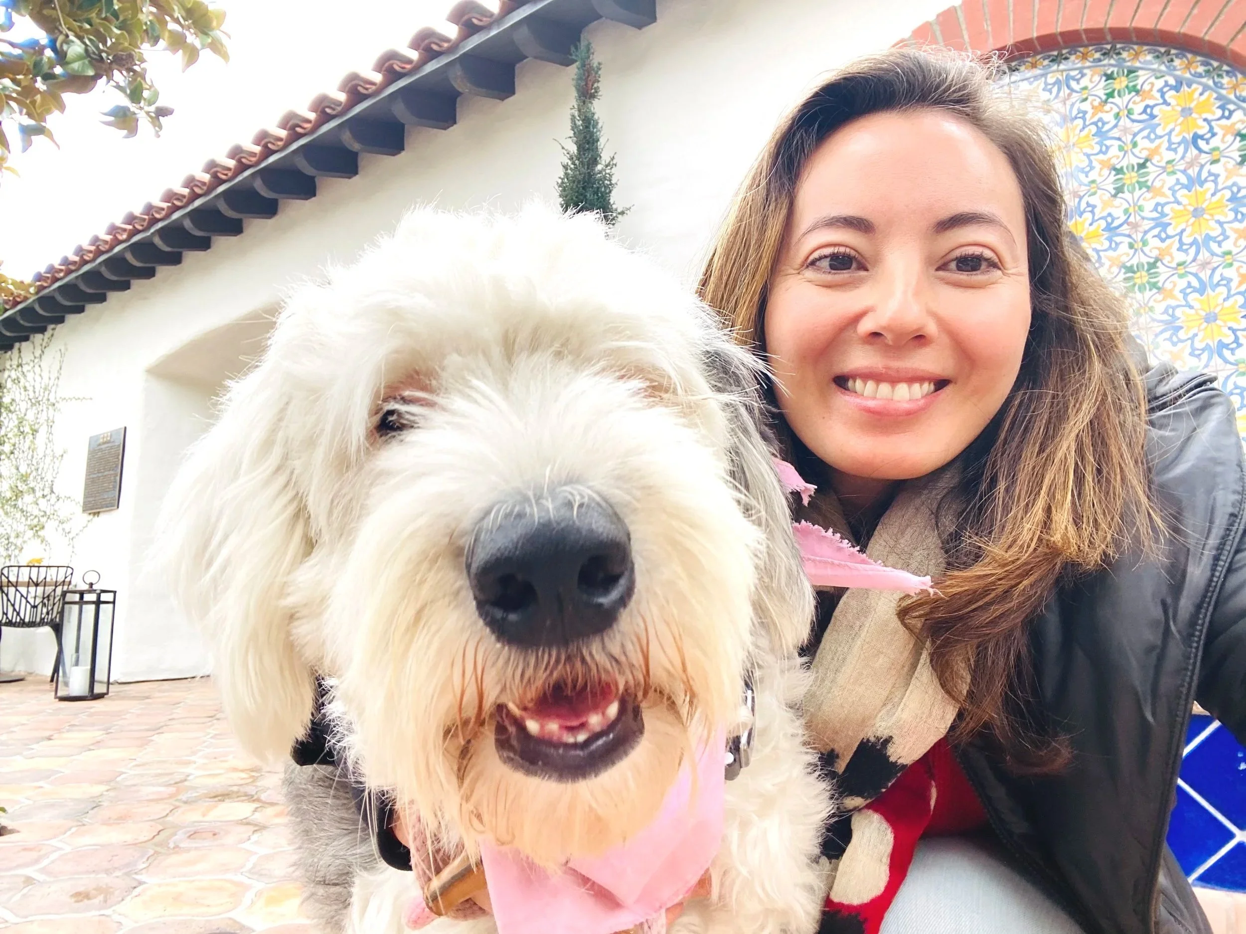 A woman and a large, fluffy white dog taking a selfie together outdoors with a wall featuring colorful tile artwork in the background.