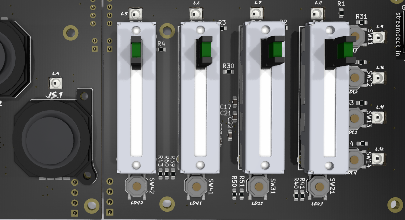 Close-up of a circuit board with four faders mounted vertically, each with a small green led inset into the shaft. The circuit board has various resistors, capacitors, and connectors labeled with alphanumeric codes.