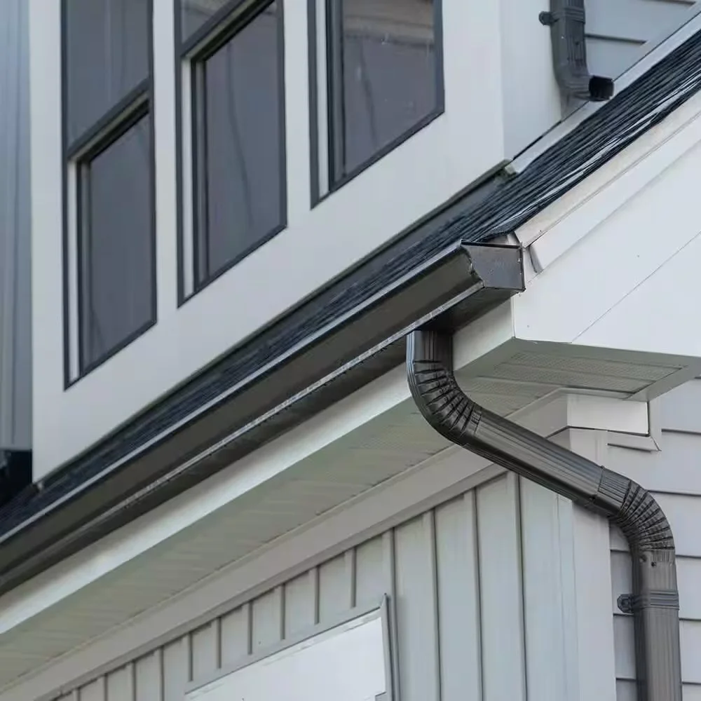 Close-up of a house exterior showing windows and a black gutter system attached to the roof and wall.