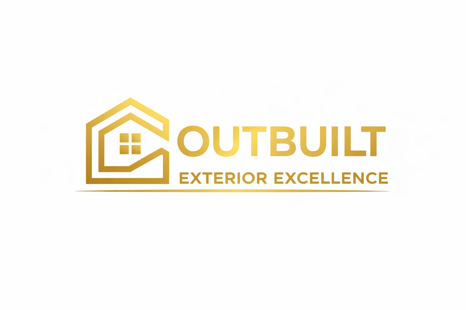 Gold and white logo for Outbuilt Exterior Excellence featuring a house outline with four windows along with the company name and tagline.