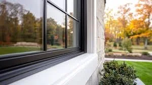 Close-up of a window frame in a house with a backyard view of trees and grass during fall.