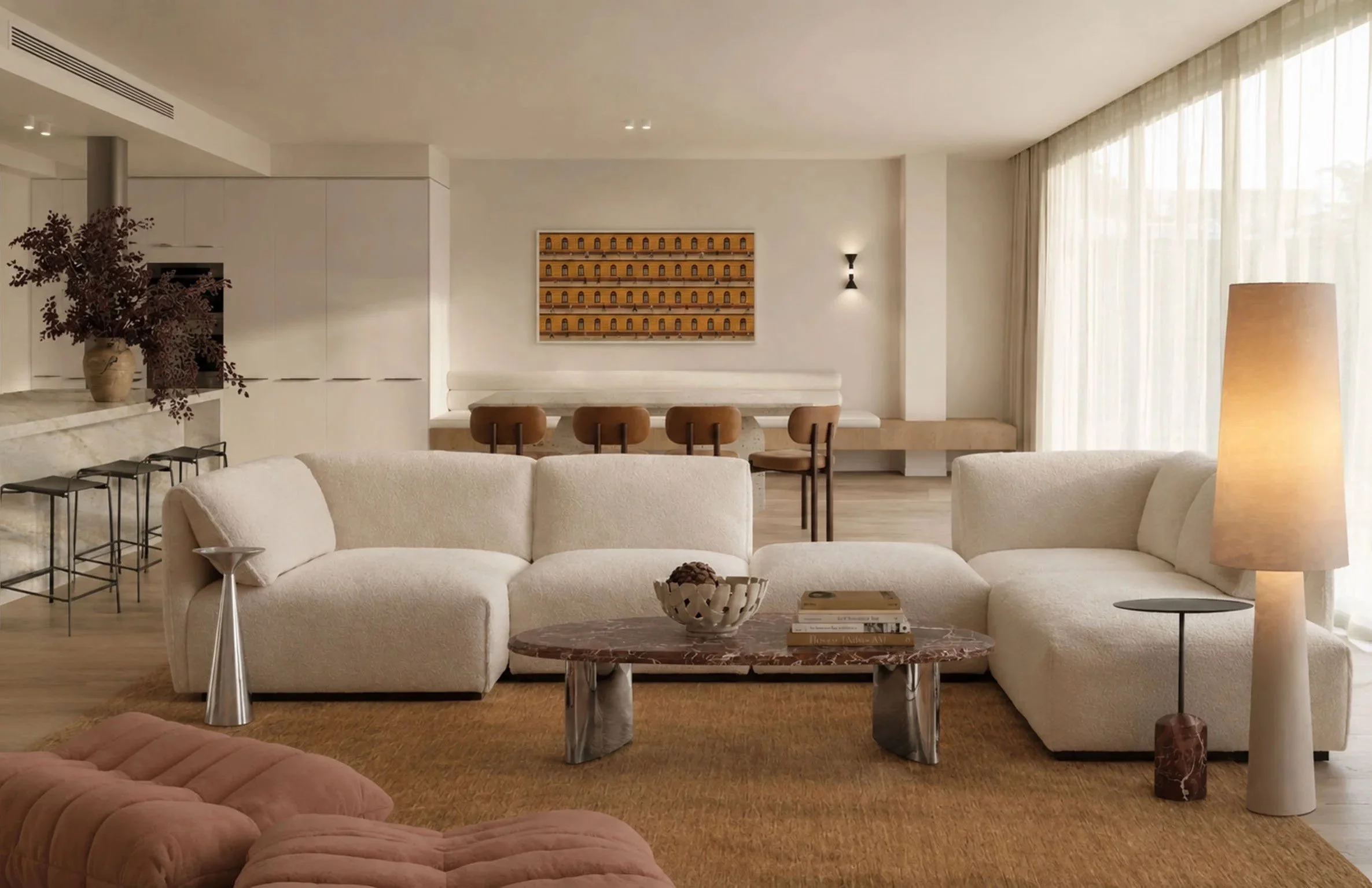 Open living and dining in cream boucle with a marble coffee table and terracotta floor cushions
