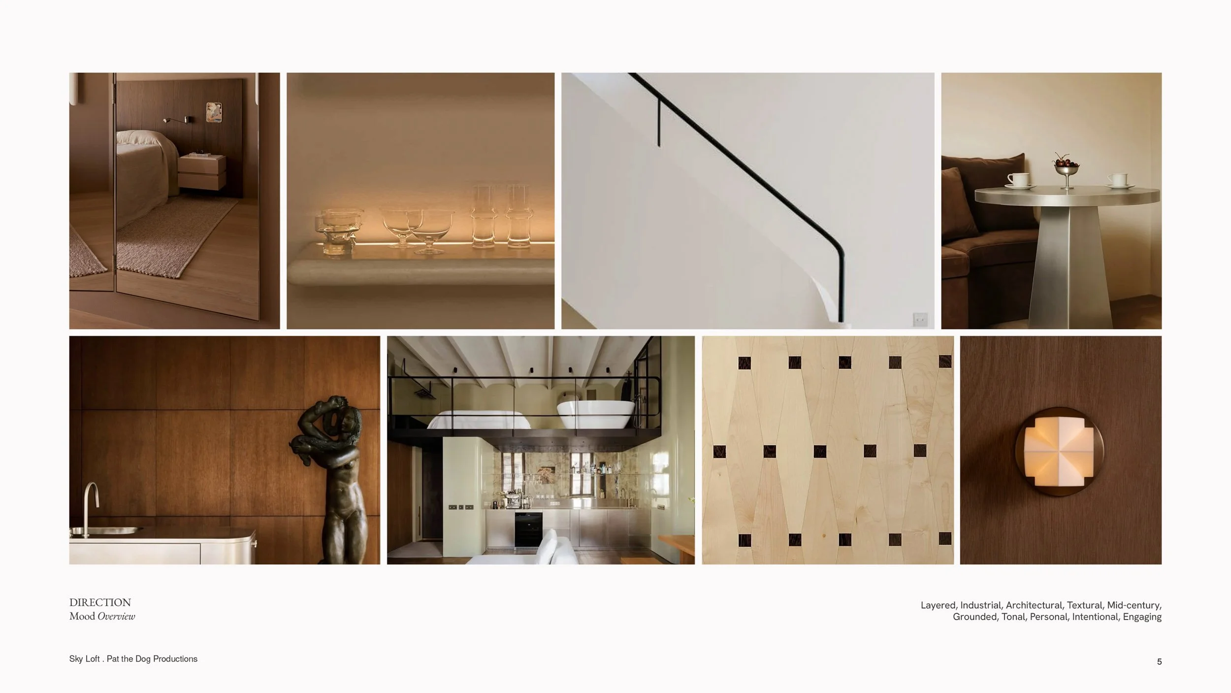 Sky Loft mood board — eight reference images setting a layered, industrial, mid-century direction