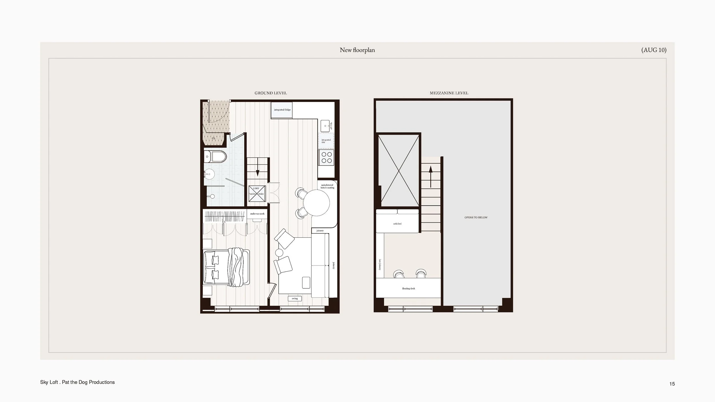 Sky Loft floor plan across two levels, showing joinery, bench seating, make-up nook, mezzanine desk and sofa bed