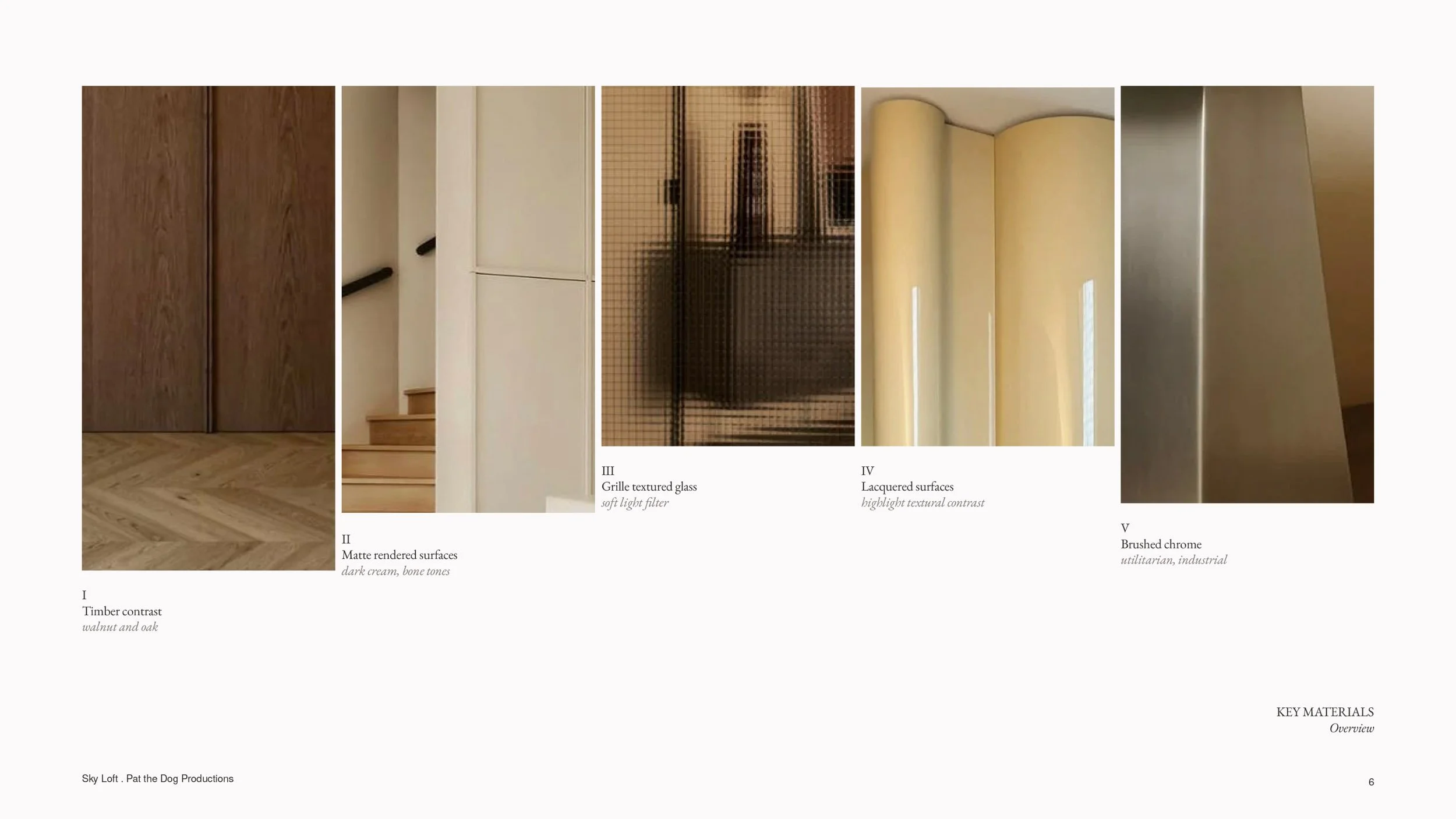 Key materials for Sky Loft — walnut and oak, matte render, grille textured glass, lacquer and brushed chrome