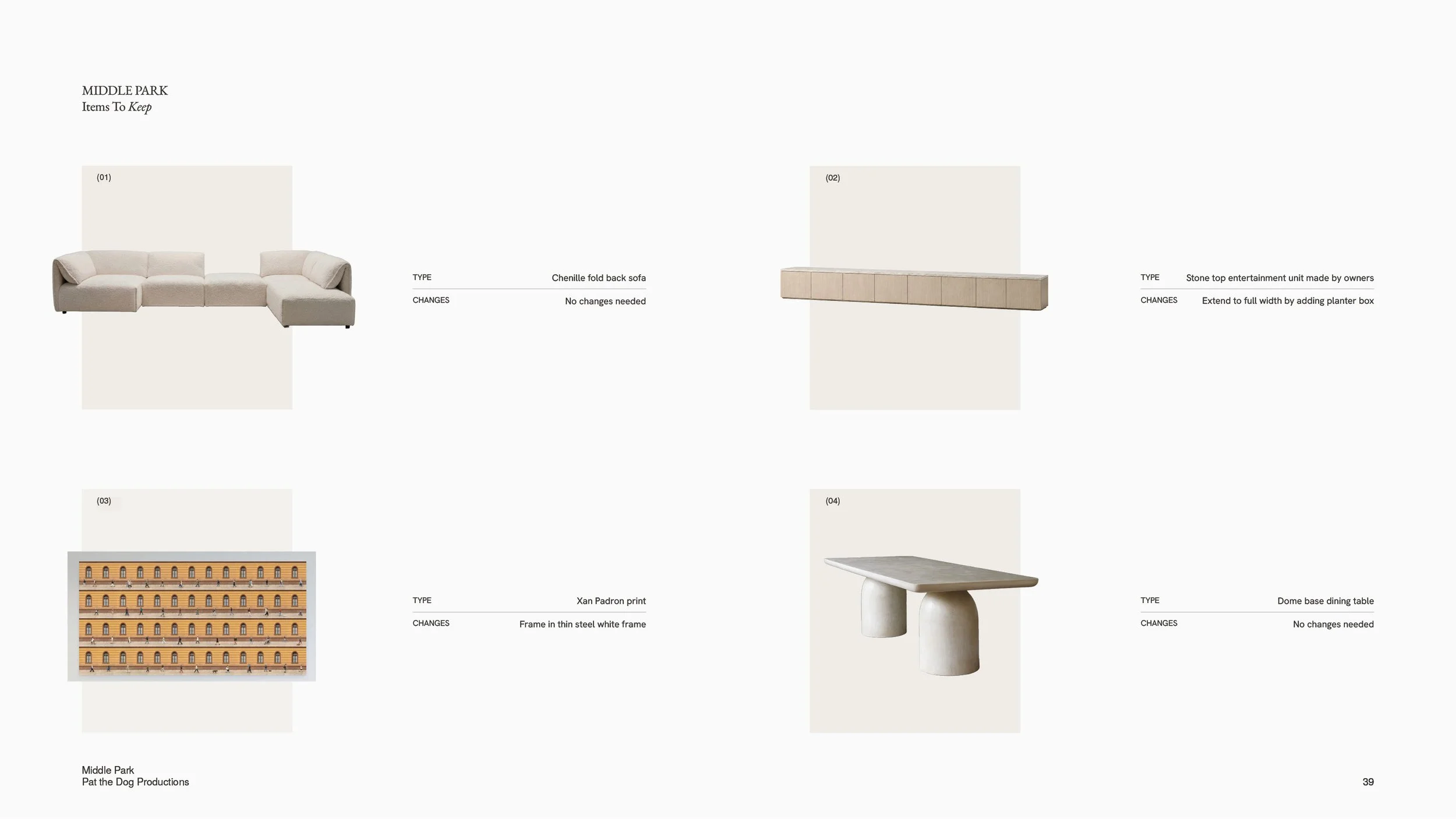 Items to keep from the Middle Park design pack — four existing pieces with the change proposed for each