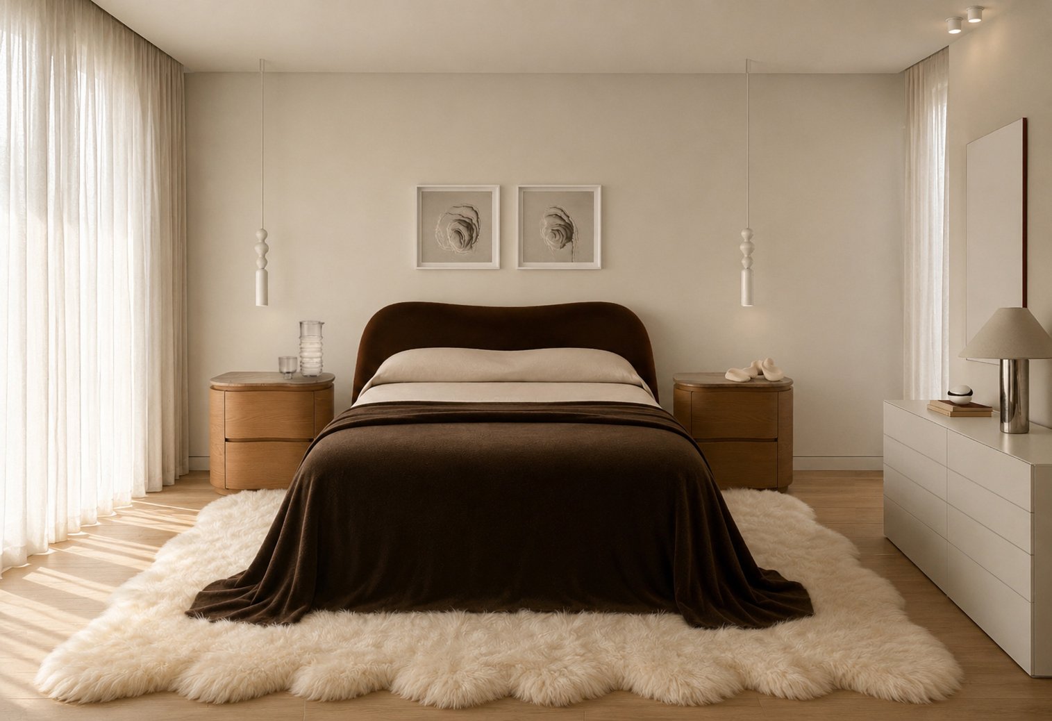 Master bedroom with a chocolate velvet curved headboard, oak bedside tables and a sheepskin rug