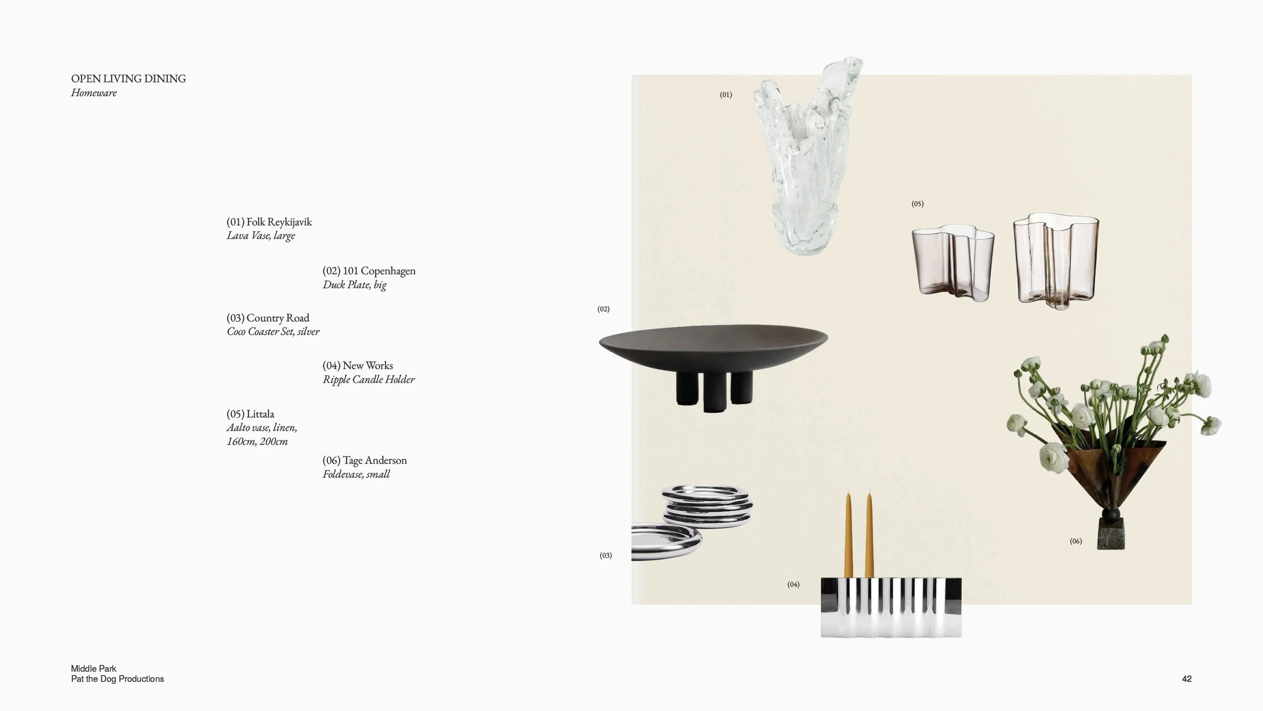 Homeware direction for the open living and dining — six pieces identified by maker and name