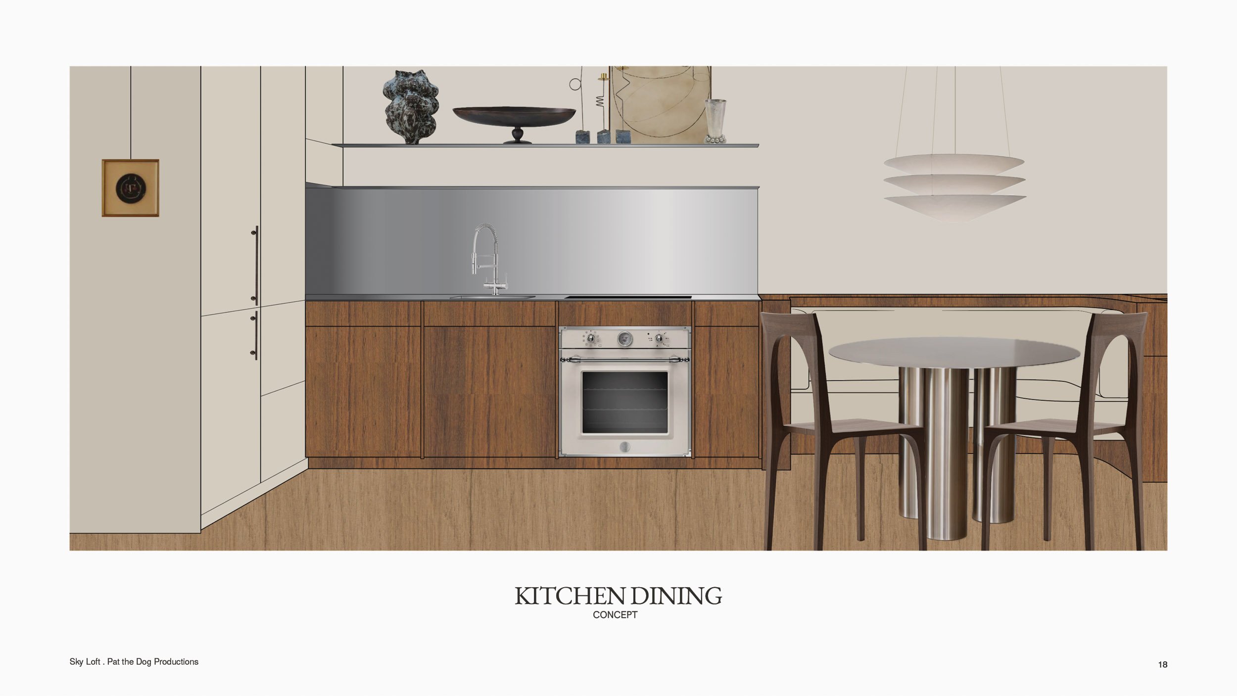 Kitchen and dining concept drawing — walnut cabinetry below a stainless splashback, with a round steel table
