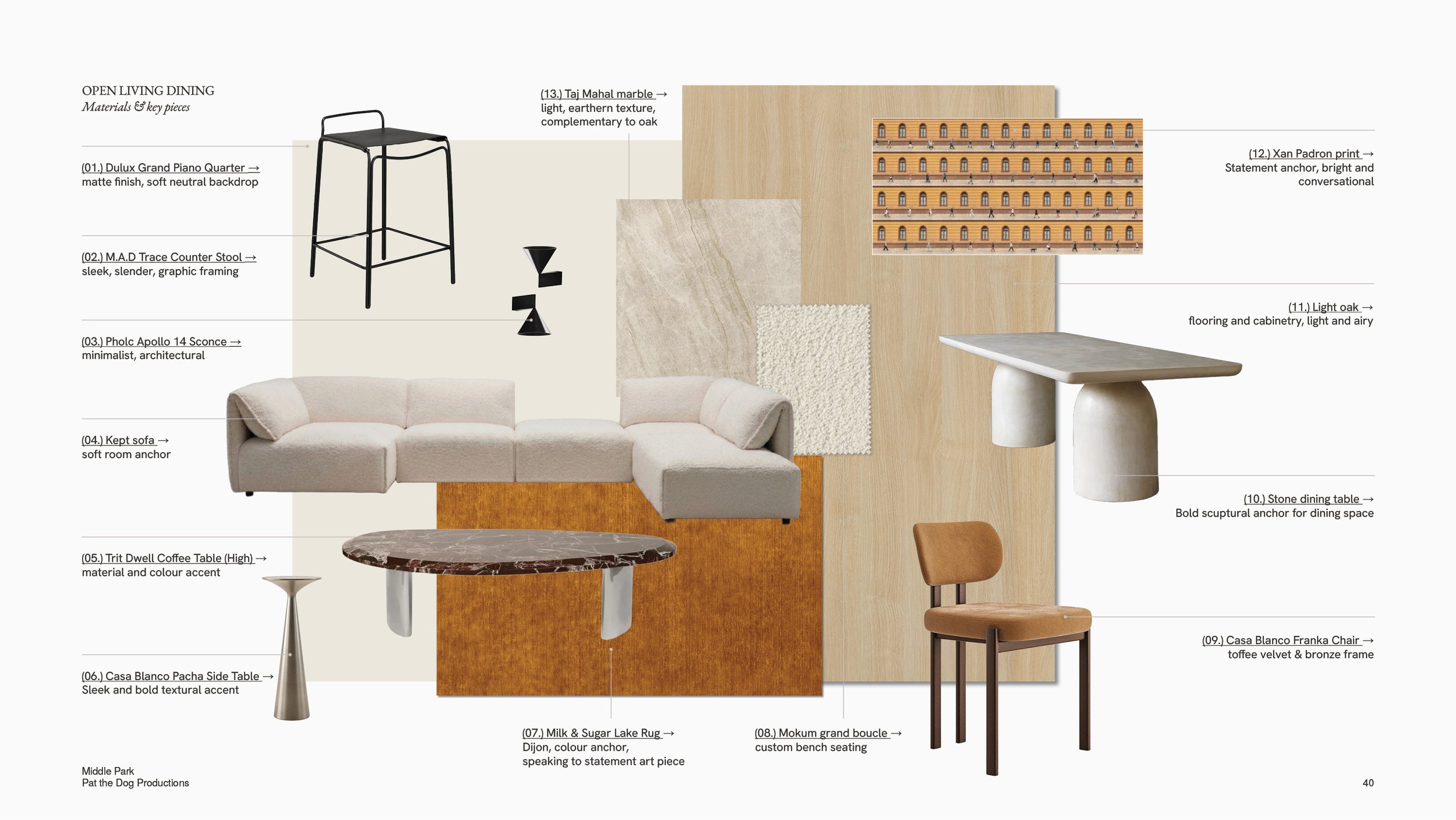 Materials and key pieces for the open living and dining — thirteen selections across paint, stone, timber and furniture