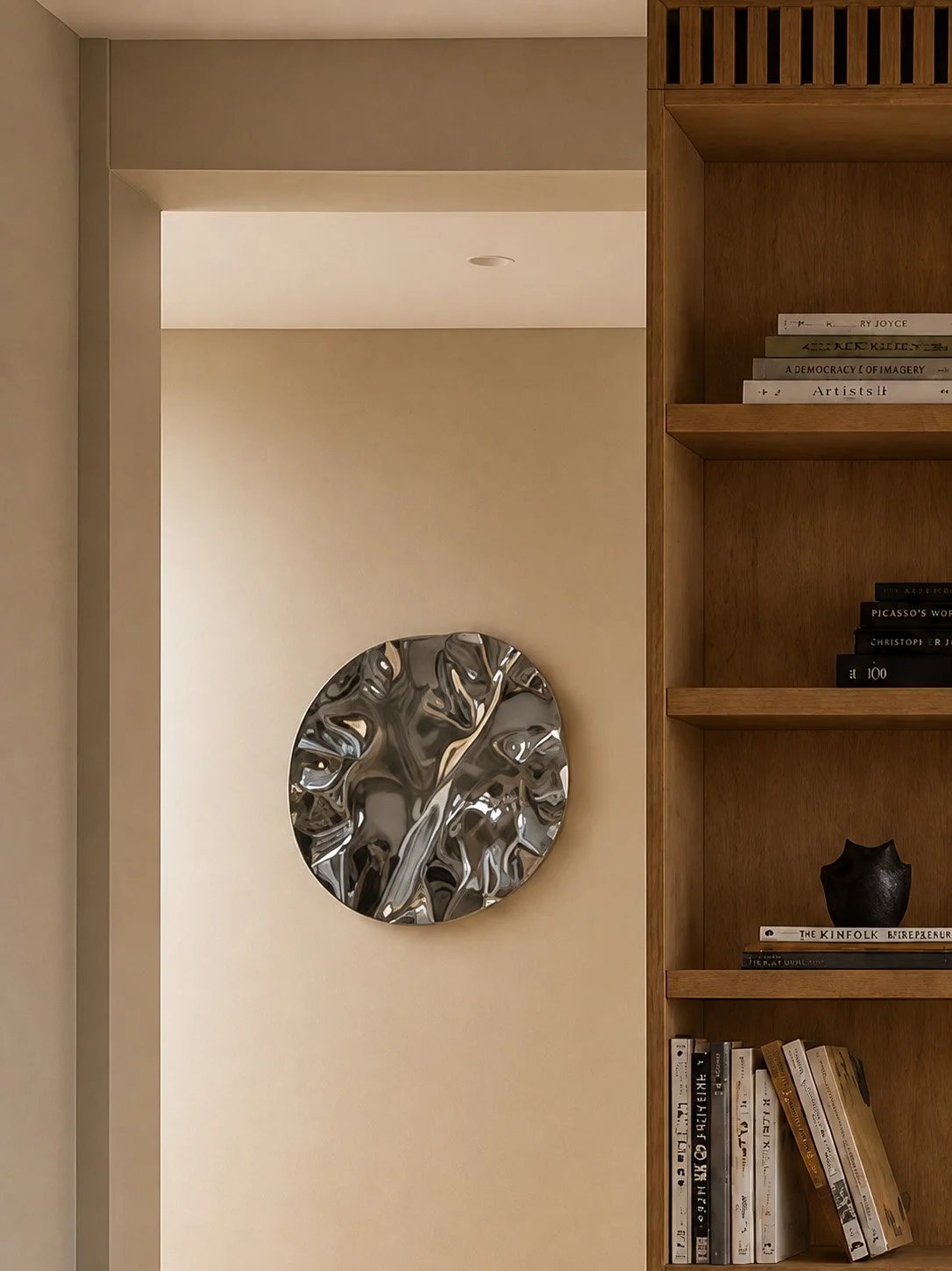 Polished chrome disc artwork on a beige wall beside oak shelving of art books