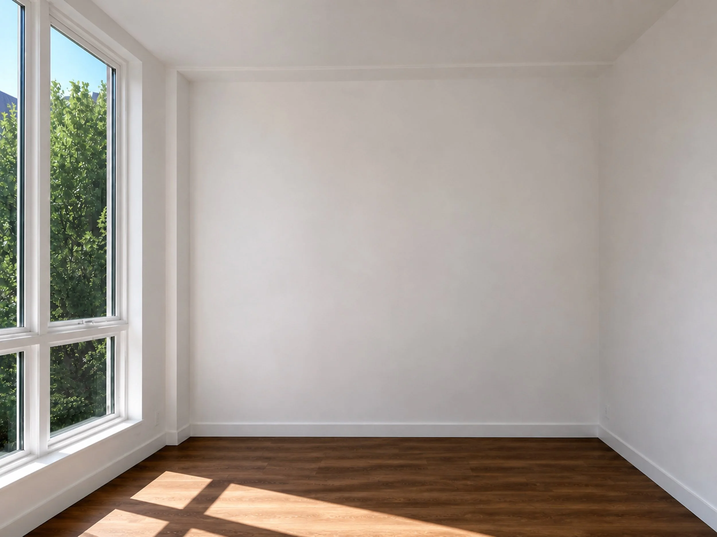 The bedroom before the design — white walls, dark stained floorboards and a single window to the trees