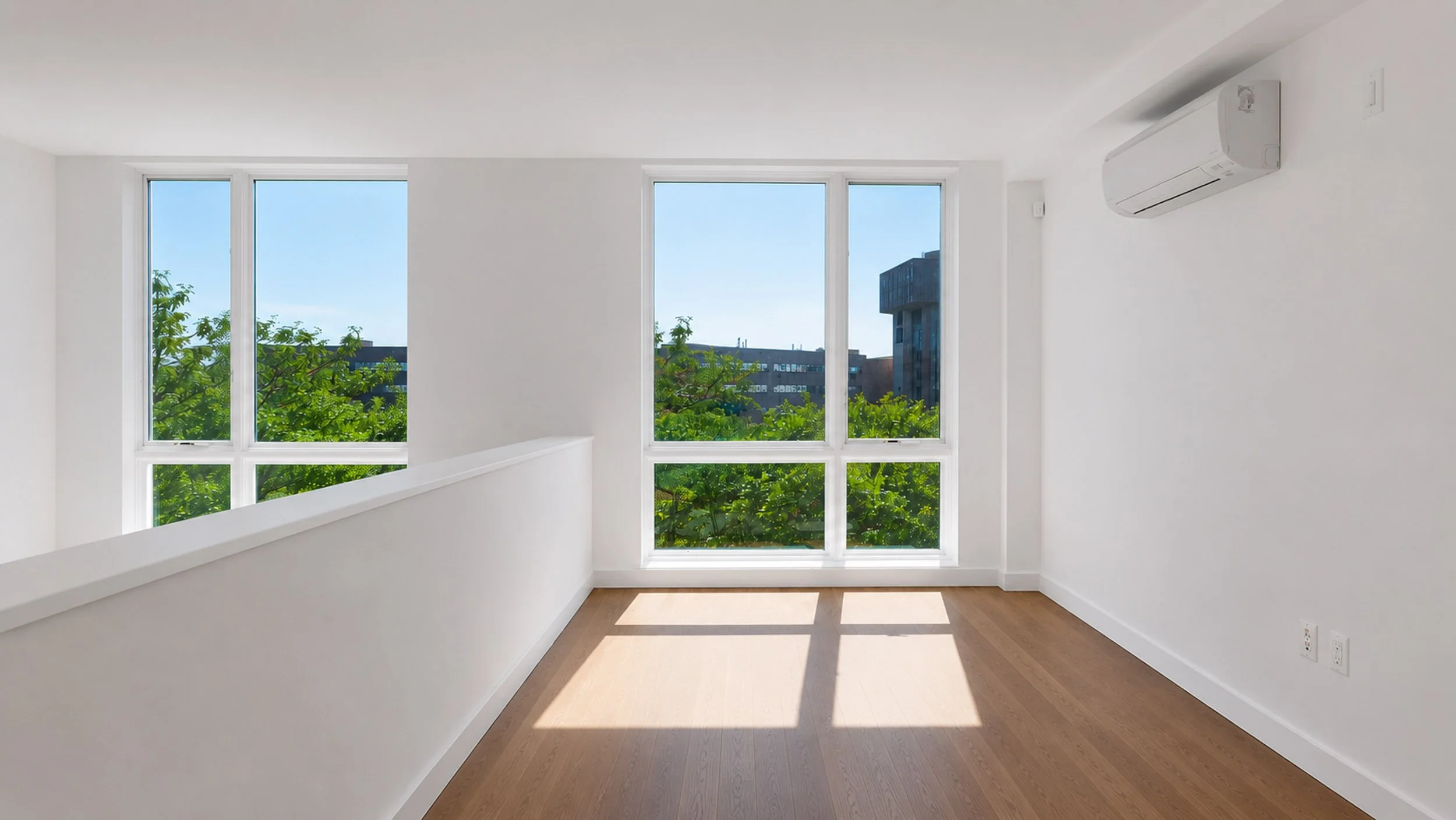 The mezzanine before the design — white walls, a low balustrade to the space below and views to the trees