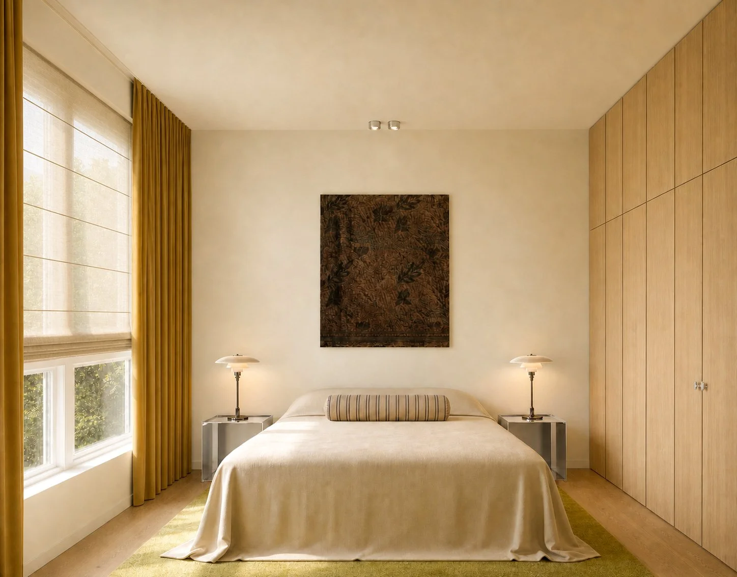 Bedroom facing the window, mustard curtains and roman blind filtering the light