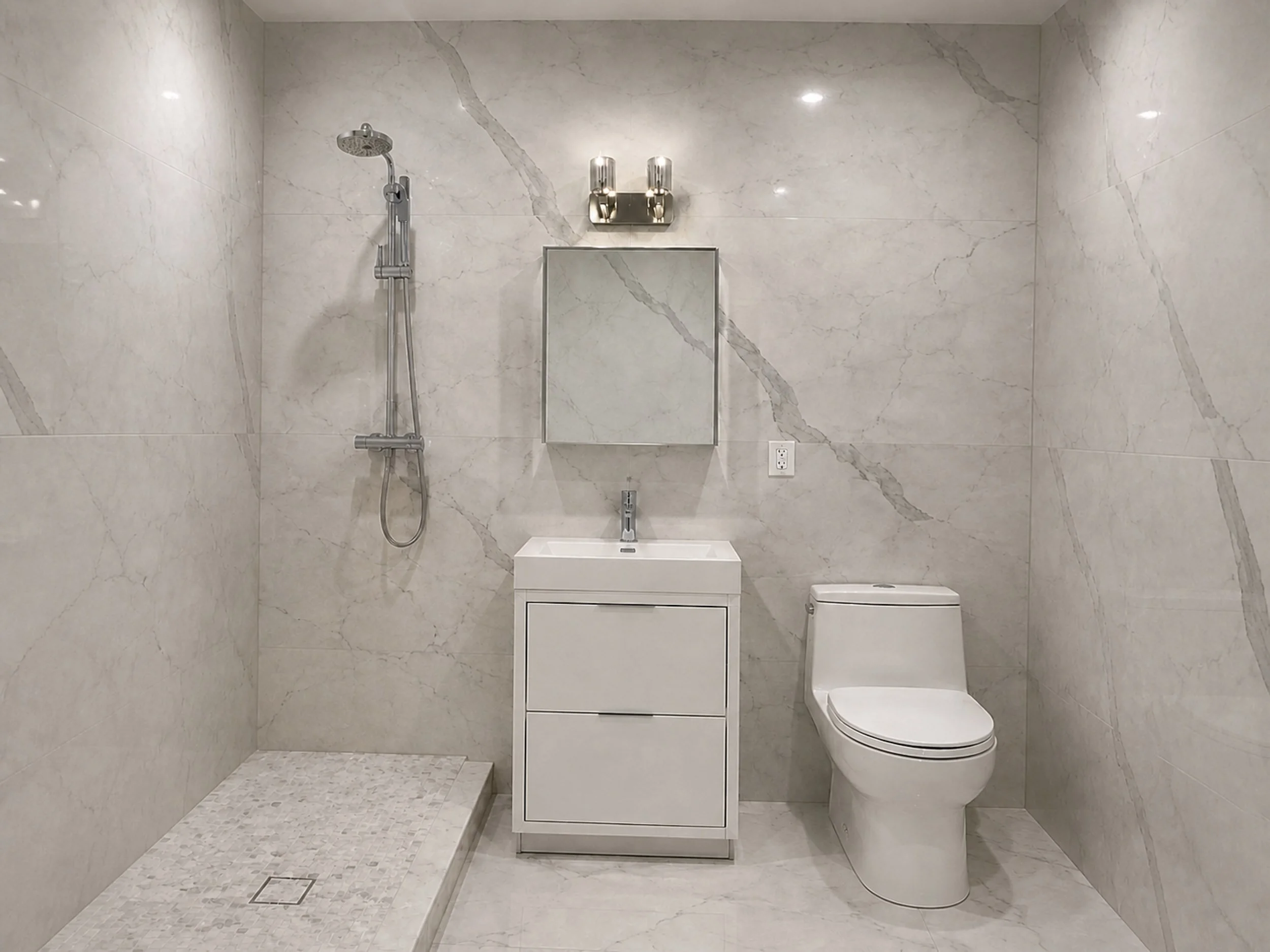 	The bathroom before the design — grey marble-look porcelain tile, a white vanity and chrome fittings