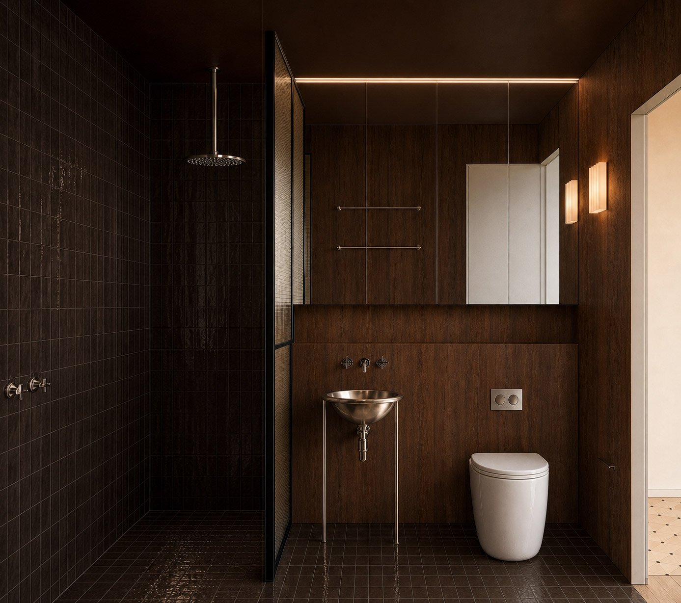 Bathroom in chocolate tile and walnut, with a mesh shower screen and fluted wall lights