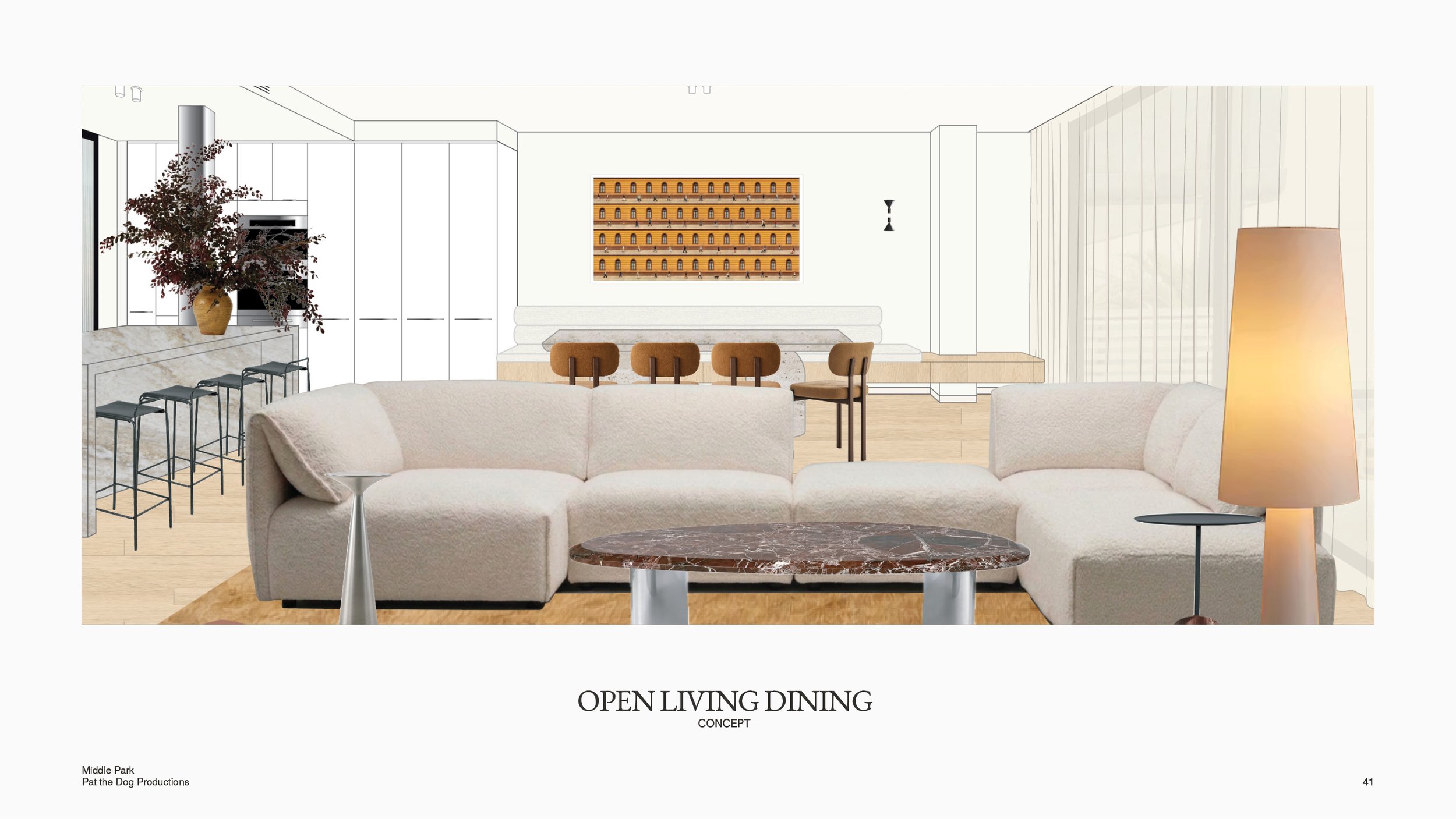 	Open living and dining concept drawing — boucle sofa, Rosso Levanto table and banquette seating
