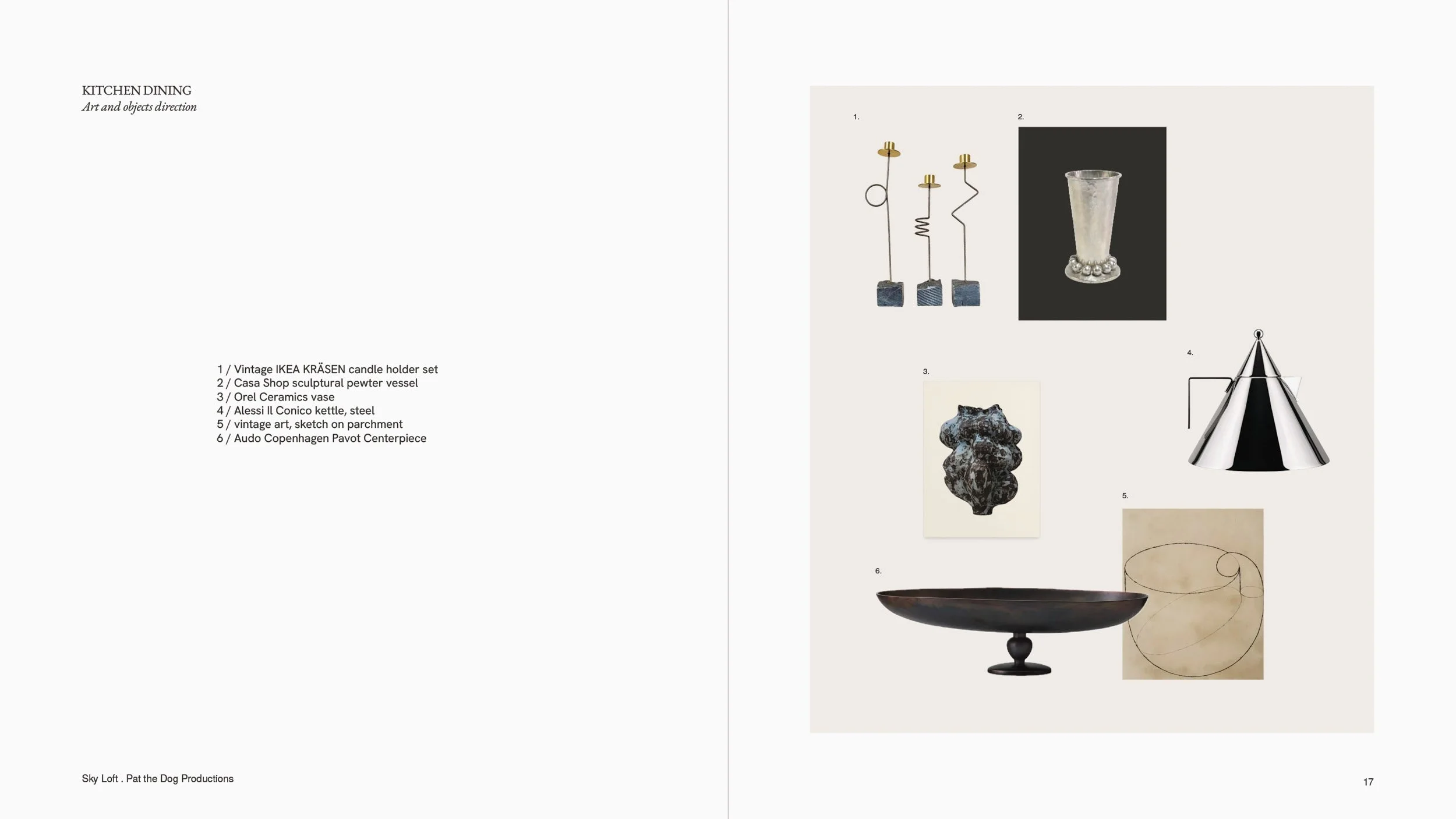 Art and objects direction for the kitchen — six numbered pieces, each identified by maker and name